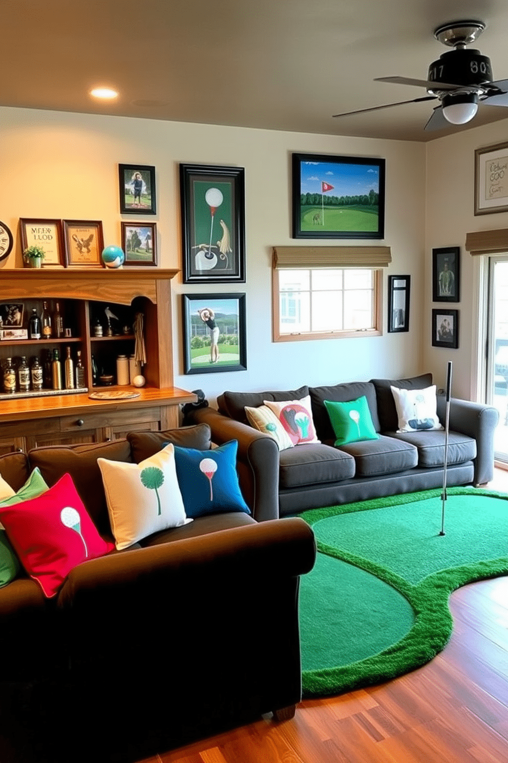 A cozy man cave designed around a golf theme. The sofas are adorned with vibrant golf-themed throw pillows featuring various golf motifs and colors, creating a playful yet stylish atmosphere. The walls are decorated with framed golf memorabilia and artwork, while a mini putting green occupies a corner of the room. A rustic wooden bar with golf-inspired decor serves as a focal point, providing a perfect spot for relaxation and entertainment.