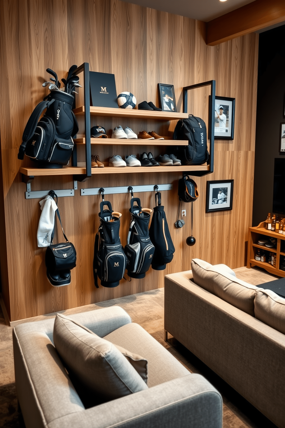 A stylish wall-mounted golf bag storage solution features sleek wooden shelves that elegantly display an assortment of golf bags and accessories. The design incorporates a modern metal frame, with hooks for hanging clubs and a dedicated space for shoes, all set against a backdrop of textured wood paneling. The golf man cave is designed with a cozy ambiance, featuring a plush sectional sofa and a large flat-screen TV for watching games. Walls adorned with framed golf memorabilia and a mini bar stocked with beverages create the perfect retreat for golf enthusiasts.