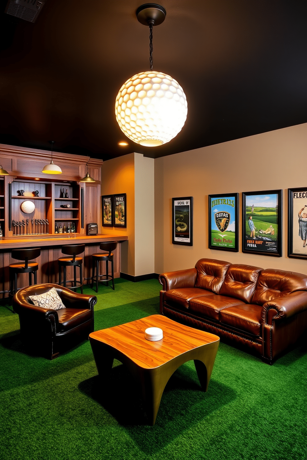 A unique golf-themed lighting fixture hangs from the ceiling, designed to resemble a golf ball suspended in mid-air, casting a warm glow over the room. Below, a rustic wooden bar with golf club stools invites relaxation, while framed vintage golf posters adorn the walls, creating an immersive atmosphere. In the corner, a plush leather sectional couch is positioned around a custom coffee table shaped like a golf tee, perfect for entertaining friends. The flooring features a lush green carpet resembling a putting green, enhancing the man cave's golf-centric theme.