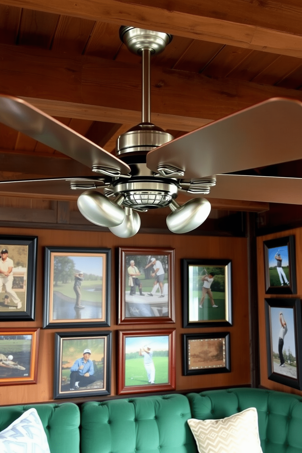 A golf-inspired ceiling fan features blades designed to resemble golf clubs, finished in a sleek metallic hue. The fan is suspended from a wooden beam ceiling, enhancing the rustic charm of the space. The golf man cave is adorned with framed golf memorabilia, including vintage clubs and signed photographs of legendary players. Plush seating in rich green tones mimics the lush fairways, creating a cozy atmosphere for relaxation and entertainment.