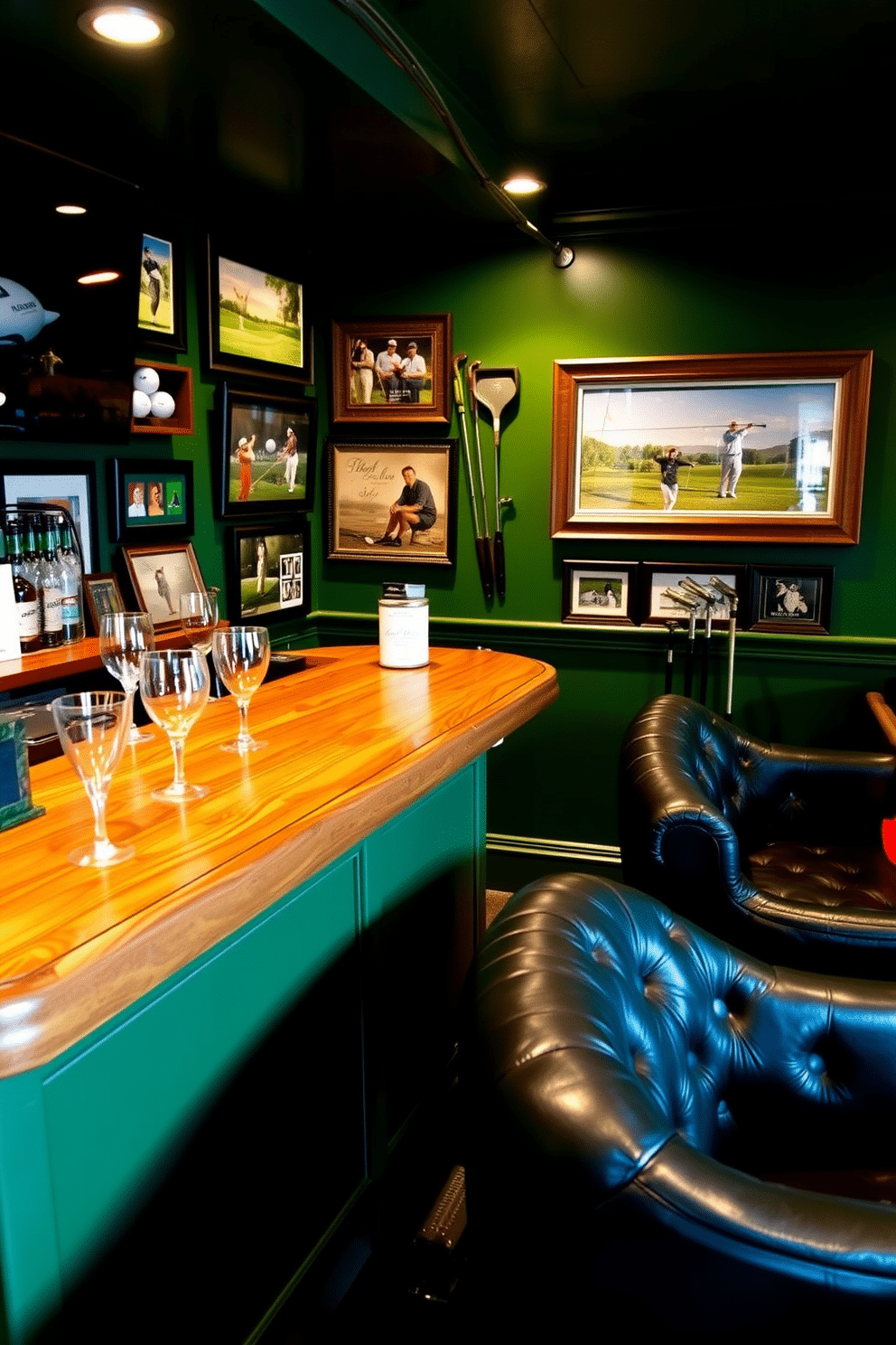 A personal golf memorabilia display is prominently featured, showcasing framed photographs, signed balls, and vintage clubs. The walls are painted in a deep green, reminiscent of a lush fairway, while plush leather seating invites relaxation and conversation. A custom-built bar area boasts a polished wood countertop, stocked with golf-themed glassware and a selection of drinks. Ambient lighting highlights the memorabilia, creating a warm and inviting atmosphere perfect for entertaining fellow golf enthusiasts.