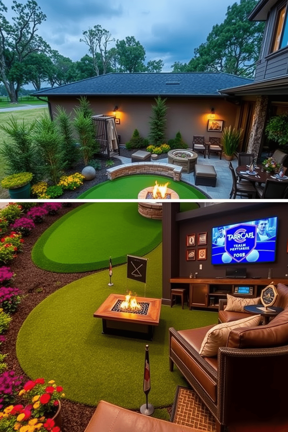 Outdoor patio area with a lush putting green surrounded by vibrant landscaping. The space features comfortable seating with plush cushions and a stylish fire pit, perfect for entertaining guests. Golf Man Cave design showcasing a sophisticated blend of sports memorabilia and modern comfort. The room includes a custom bar, high-end leather seating, and a large screen for watching games, all accented by golf-themed decor.