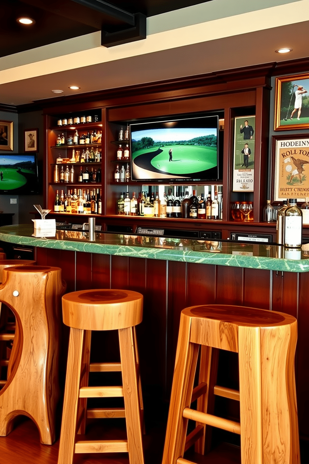 A golf-themed bar featuring custom stools made from reclaimed wood, each adorned with golf ball accents. The bar is topped with a polished green marble surface, reminiscent of a putting green, while shelves behind the bar showcase an impressive collection of golf memorabilia and premium spirits. The walls are decorated with framed vintage golf posters and a large flat-screen TV for viewing tournaments. Ambient lighting highlights the bar area, creating a warm and inviting atmosphere perfect for entertaining fellow golf enthusiasts.