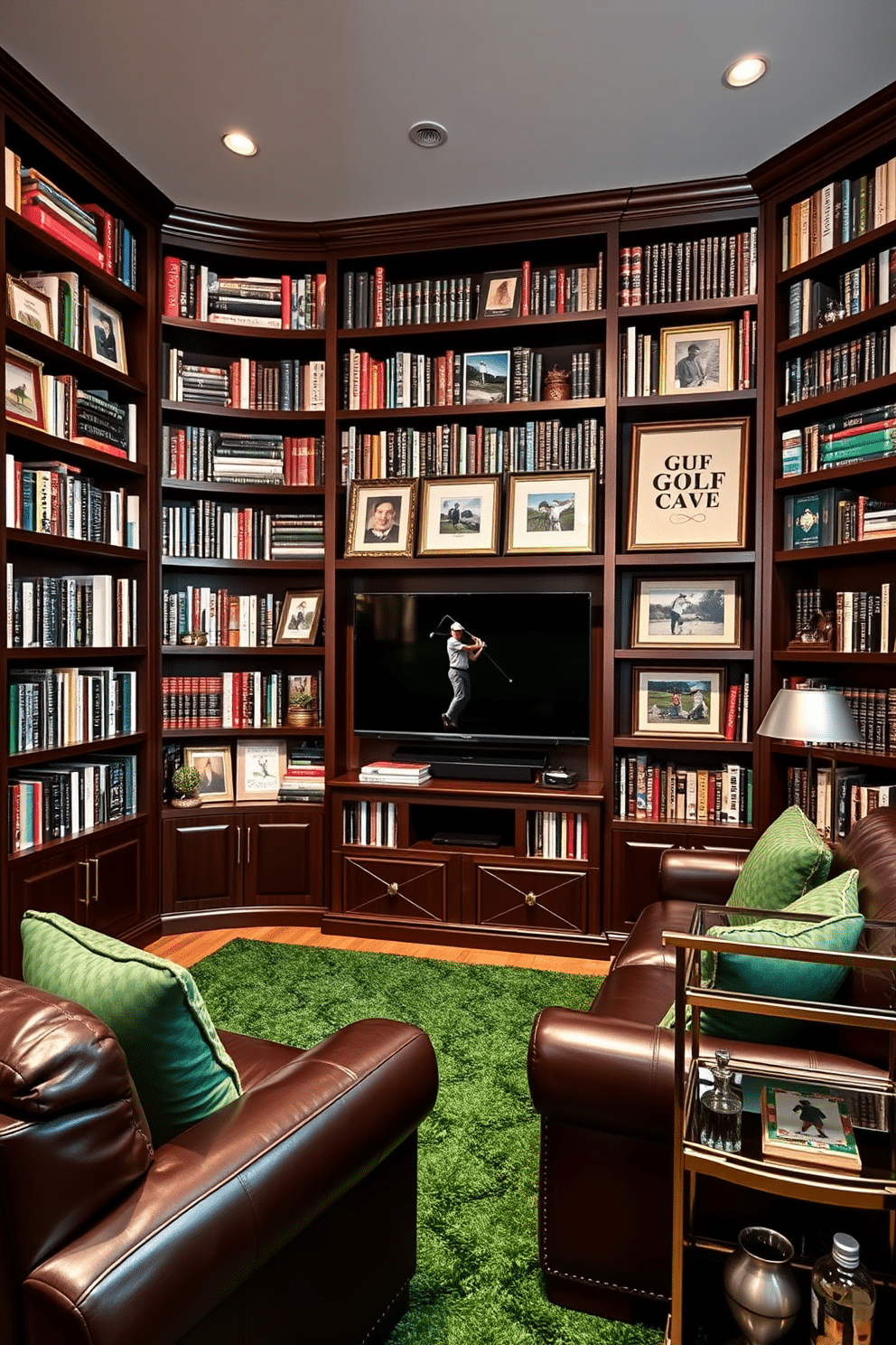 A golf-themed man cave featuring custom bookshelves filled with an extensive collection of golf literature. The shelves are crafted from dark wood, showcasing a mix of vintage and modern golf books alongside framed photographs of iconic golf moments. The room is adorned with rich green accents reminiscent of a golf course, including a plush area rug and throw pillows. A comfortable leather sofa faces a wall-mounted flat-screen TV, perfect for watching tournaments, while a small bar cart holds golf-themed cocktails and snacks.