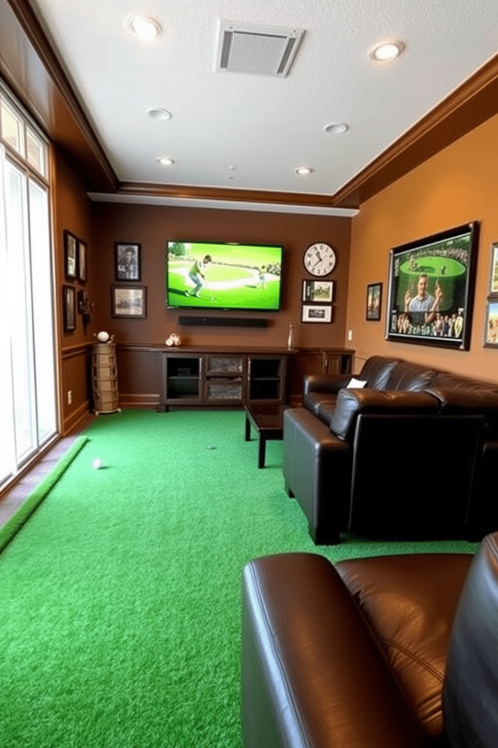 A stylish man cave designed for indoor golf features a lush putting green carpet that covers the floor, creating a vibrant and inviting atmosphere. The walls are adorned with framed golf memorabilia and a large flat-screen TV is mounted for viewing games, while comfortable leather seating provides the perfect spot for relaxation and entertainment.