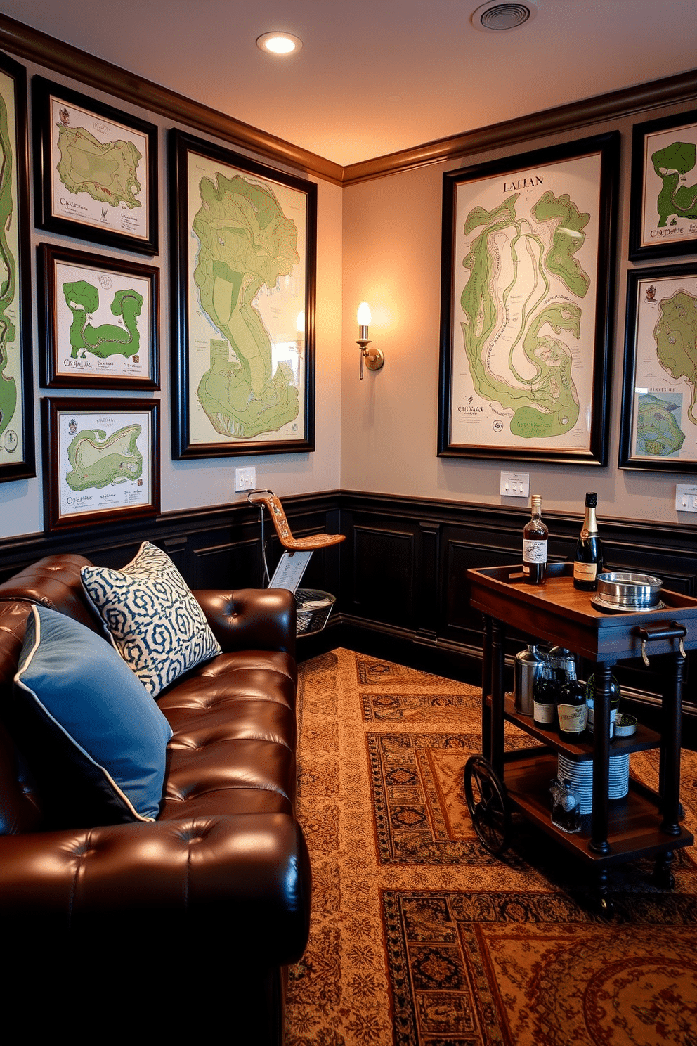 A stylish golf man cave featuring framed golf course maps elegantly displayed on the walls. The space includes a plush leather sofa, a vintage wooden bar cart, and soft ambient lighting that creates a warm and inviting atmosphere.