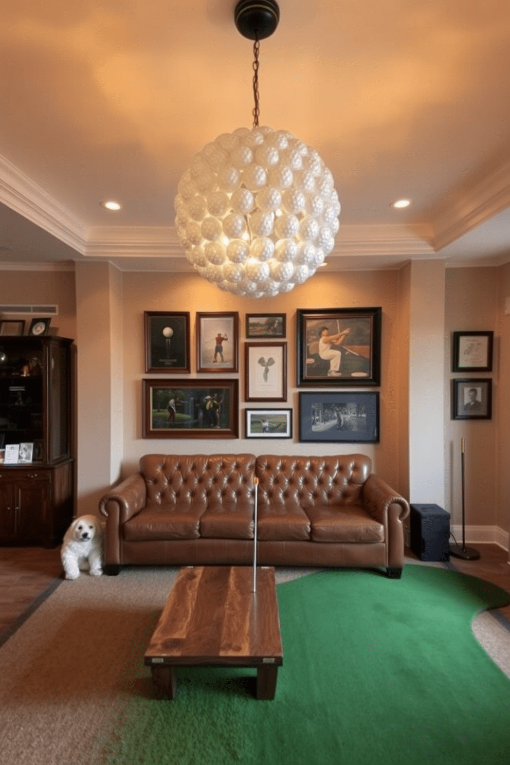 A stunning golf ball chandelier hangs from the ceiling, casting a warm glow over the space. Below it, a plush leather sofa is positioned around a rustic wooden coffee table, creating a cozy atmosphere for relaxation. The walls are adorned with framed golf memorabilia and artwork, celebrating the sport's history. A mini putting green in one corner adds a playful touch, inviting guests to enjoy a round indoors.