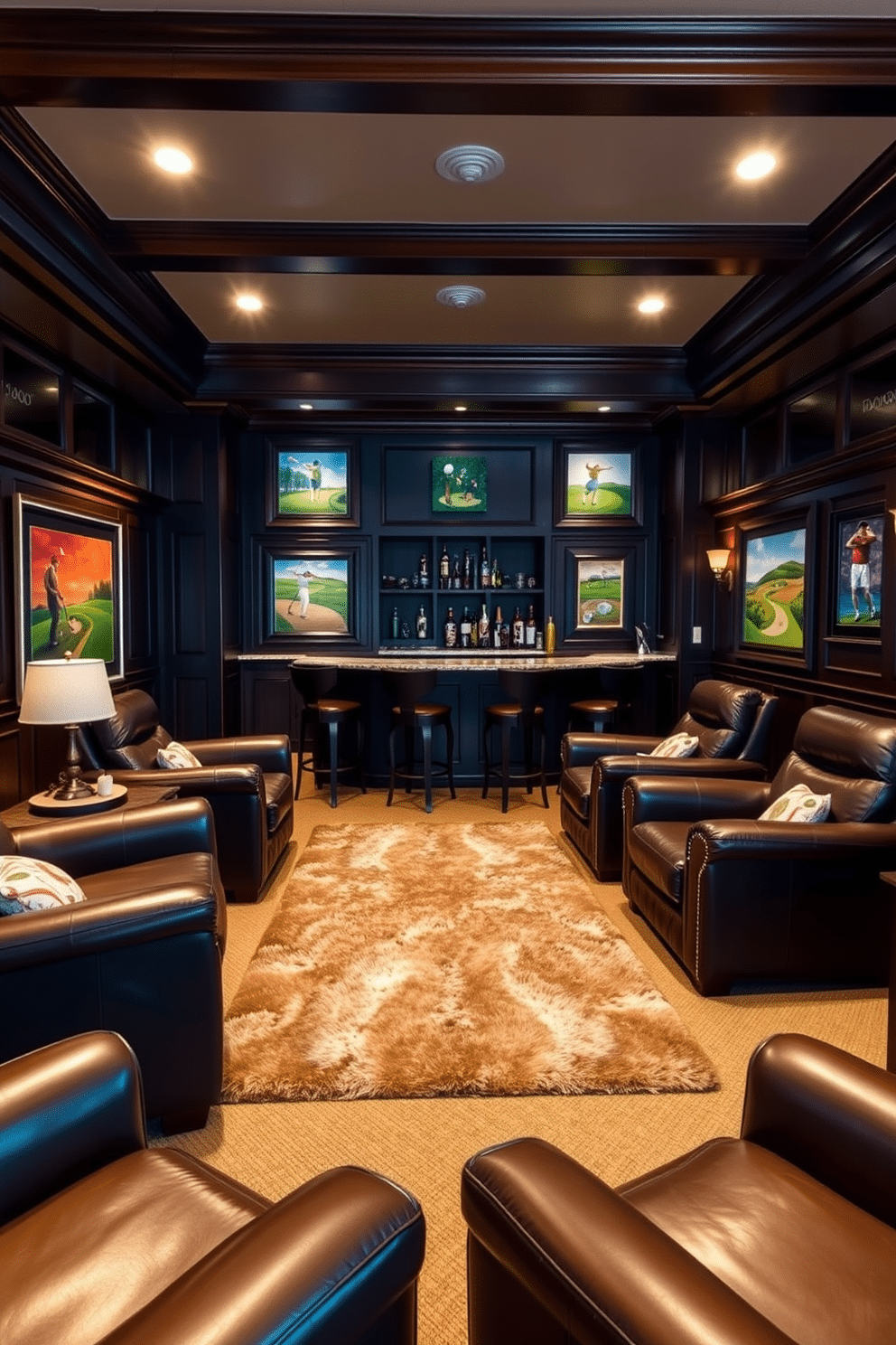 A stylish man cave featuring leather lounge chairs that provide both comfort and elegance. The space is accented with dark wood paneling and vibrant golf-themed artwork adorning the walls. In the center, a plush area rug complements the seating arrangement, creating an inviting atmosphere. A custom-built bar with golf memorabilia adds a unique touch, making it the perfect retreat for golf enthusiasts.