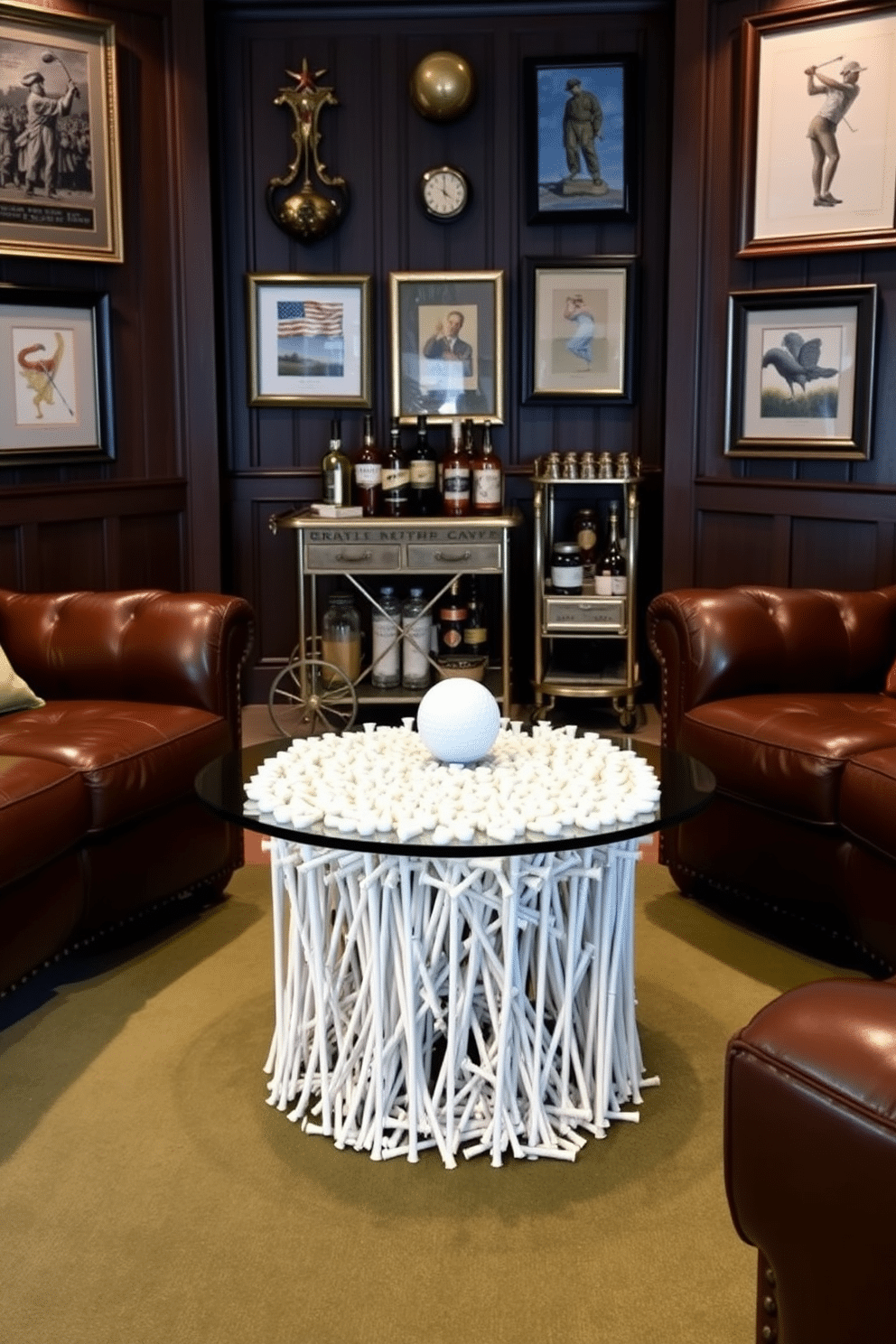 A custom golf tee coffee table centerpiece features a sleek glass top resting on a base made of intricately arranged golf tees, creating a playful yet elegant focal point. Surrounding the table, plush leather seating provides comfort, while a muted green rug adds a touch of warmth to the space. The golf man cave design includes dark wood paneling and framed golf memorabilia adorning the walls, creating a rich, inviting atmosphere. A vintage bar cart stocked with premium spirits complements the theme, while ambient lighting highlights the unique decor elements throughout the room.