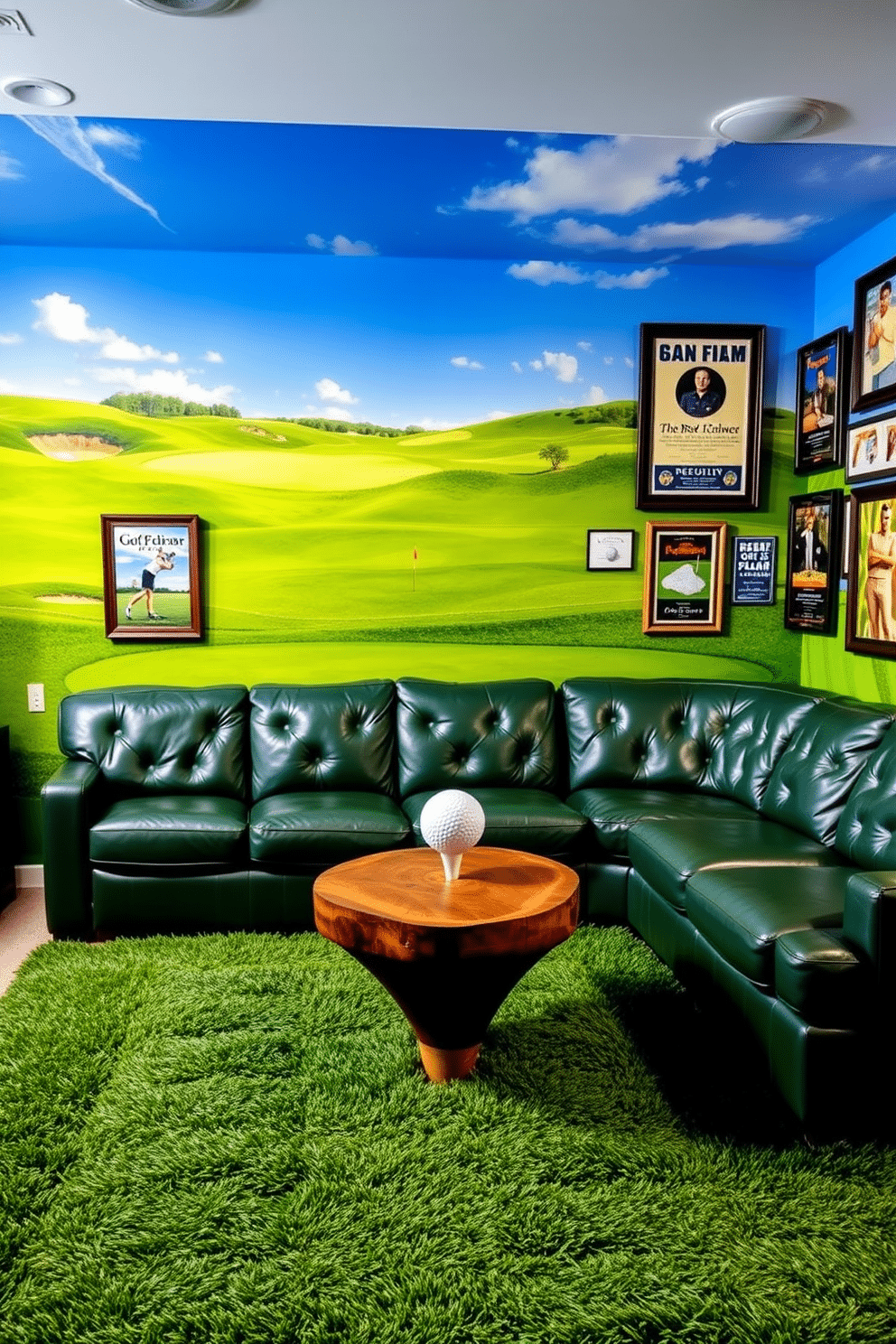 A golf-themed man cave featuring a striking mural of a lush green golf course, complete with rolling hills and a clear blue sky. The walls are adorned with golf memorabilia, including framed vintage posters and signed golf balls, creating an immersive atmosphere for enthusiasts. The space includes a comfortable leather sectional sofa in a deep green hue, perfect for lounging while watching a game. A rustic wooden coffee table, shaped like a golf tee, sits in the center, surrounded by plush area rugs that mimic the texture of grass.