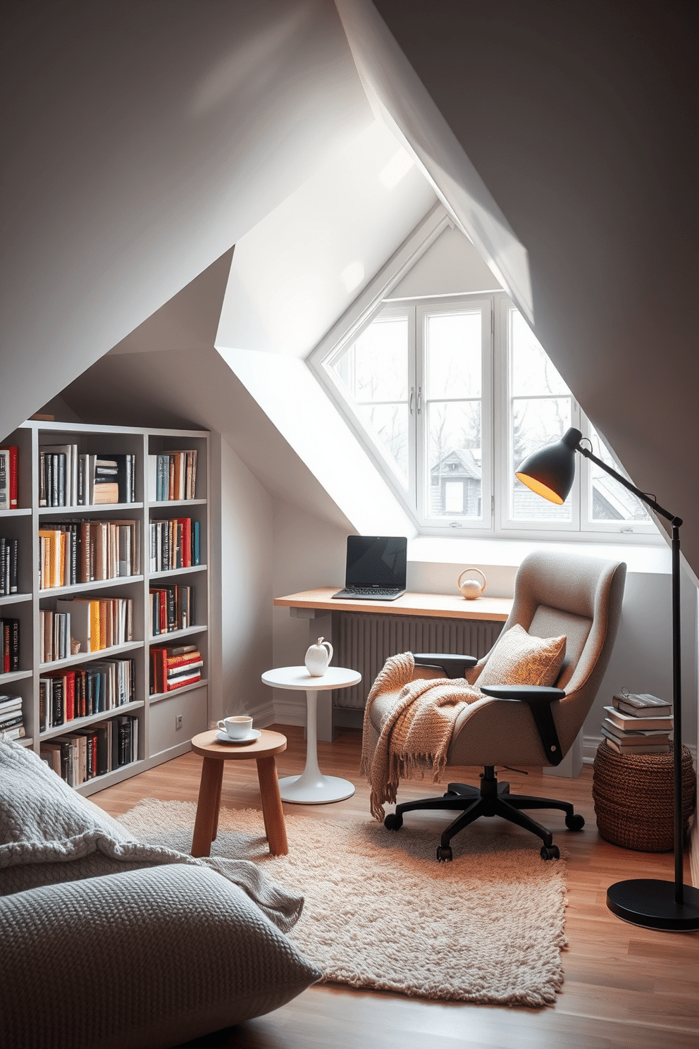 Cozy reading nook with soft lighting. A plush armchair is nestled in the corner, surrounded by built-in bookshelves filled with colorful novels. A small side table holds a steaming cup of tea, while a warm, knitted blanket drapes over the chair. Soft, ambient lighting from a nearby floor lamp creates an inviting atmosphere, perfect for curling up with a good book. Gray attic room design ideas. The space features sloped ceilings painted in a light gray hue, which enhances the room's cozy feel. A minimalist desk is positioned under the eaves, complemented by a stylish ergonomic chair. Textured throw pillows and a soft area rug add warmth, while large windows allow natural light to flood the room, making it a serene workspace or retreat.