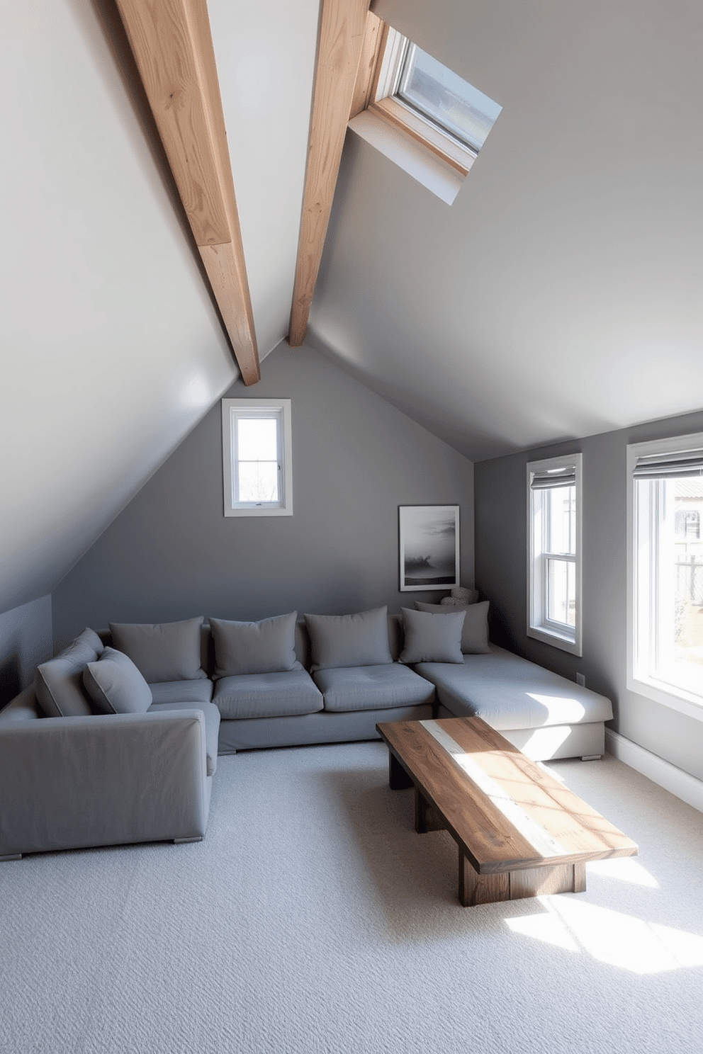 A serene attic room designed in a neutral color palette featuring various shades of gray. The sloped ceiling is adorned with exposed wooden beams, and the walls are painted in a soft gray, creating a cozy and inviting atmosphere. A plush gray sectional sofa is positioned against one wall, complemented by a sleek coffee table made of reclaimed wood. Large windows allow natural light to flood the space, showcasing a minimalist decor with a few carefully chosen art pieces.