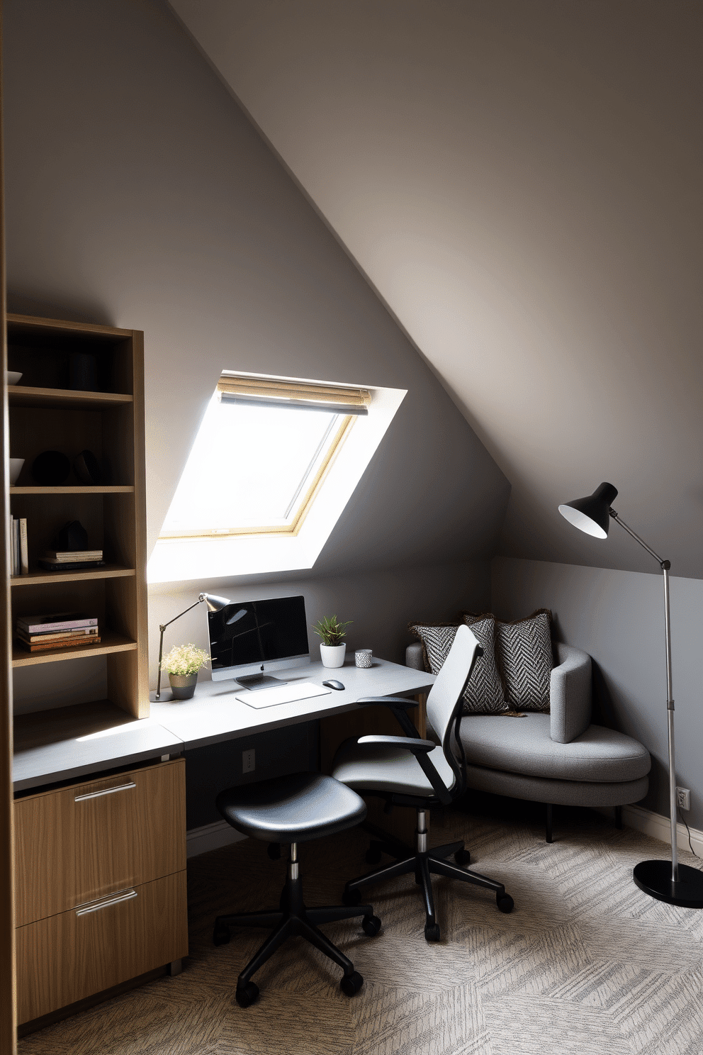 A functional workspace featuring a sleek gray desk positioned against a wall with built-in shelves. Soft natural light floods the room through a skylight, illuminating a comfortable ergonomic chair and a few decorative plants placed on the desk. An inviting gray attic room designed for relaxation and productivity. The sloped ceilings are adorned with warm wood beams, while a cozy reading nook with plush cushions is nestled in one corner, complemented by a small side table and a stylish floor lamp.