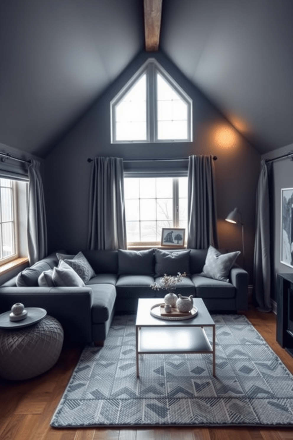 A cozy gray attic room features stylish gray curtains that elegantly frame the windows, providing both privacy and a touch of sophistication. The space is adorned with sloped ceilings, wooden beams, and soft lighting, creating a warm and inviting atmosphere. The room is furnished with a plush gray sofa and a chic coffee table, complemented by a textured area rug that adds warmth underfoot. Decorative pillows in varying shades of gray and a few carefully selected art pieces complete the design, enhancing the room's modern aesthetic.