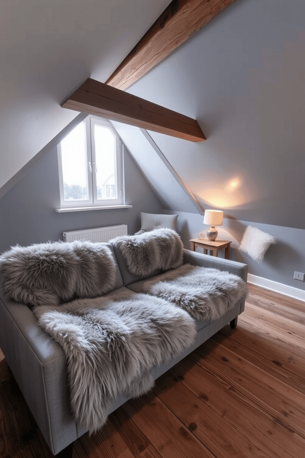 A cozy gray attic room features sloped ceilings adorned with wooden beams, creating an inviting atmosphere. Plush faux fur throws are draped over a minimalist gray sofa, inviting relaxation and warmth. The walls are painted in a soft gray hue, complemented by a rustic wooden floor that adds character. A small reading nook is created by a large window, with a comfortable armchair and a side table topped with a warm lamp, enhancing the cozy appeal.