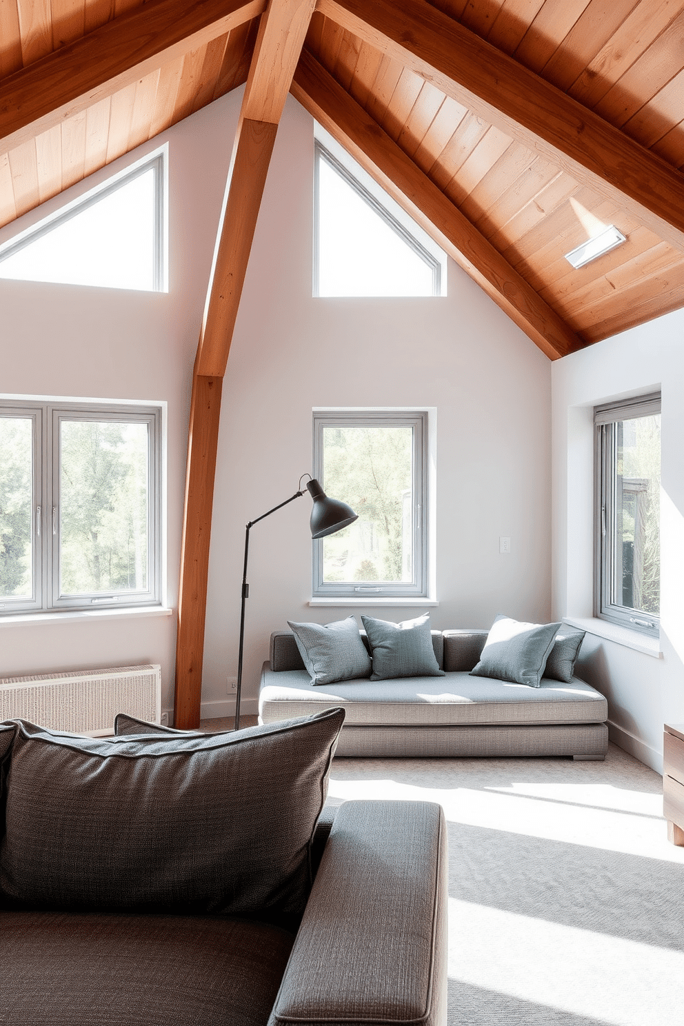 A sleek gray attic room features minimalist furniture with clean lines, creating a modern and airy atmosphere. Large windows allow natural light to flood the space, highlighting the subtle textures of the gray upholstery and the warm wooden beams of the ceiling. A cozy reading nook is positioned by the window, adorned with plush gray cushions and a stylish floor lamp. The walls are painted in a soft white, providing a fresh contrast to the gray furniture and enhancing the room’s spacious feel.