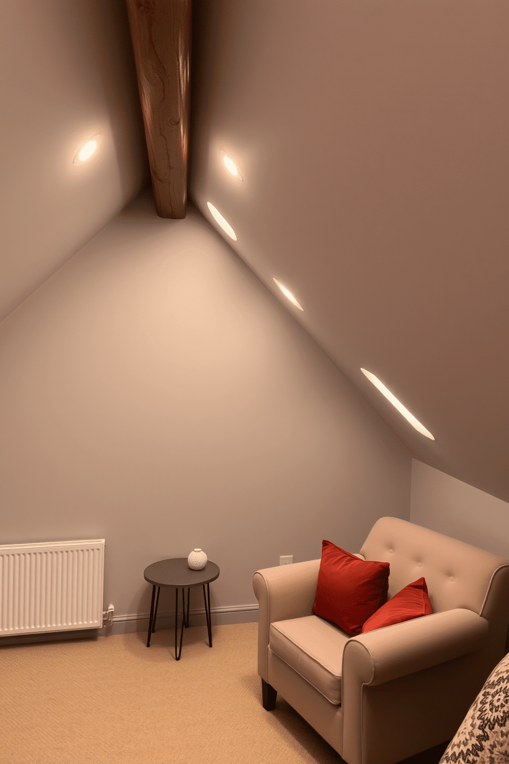 A cozy gray attic room featuring sloped ceilings and exposed wooden beams. Warm lighting fixtures are strategically placed to create a soft, inviting ambiance throughout the space. The walls are painted in a light gray hue, complemented by plush, neutral-colored furnishings. A comfortable seating area with a stylish armchair and a small side table invites relaxation, while decorative pillows add a pop of color.