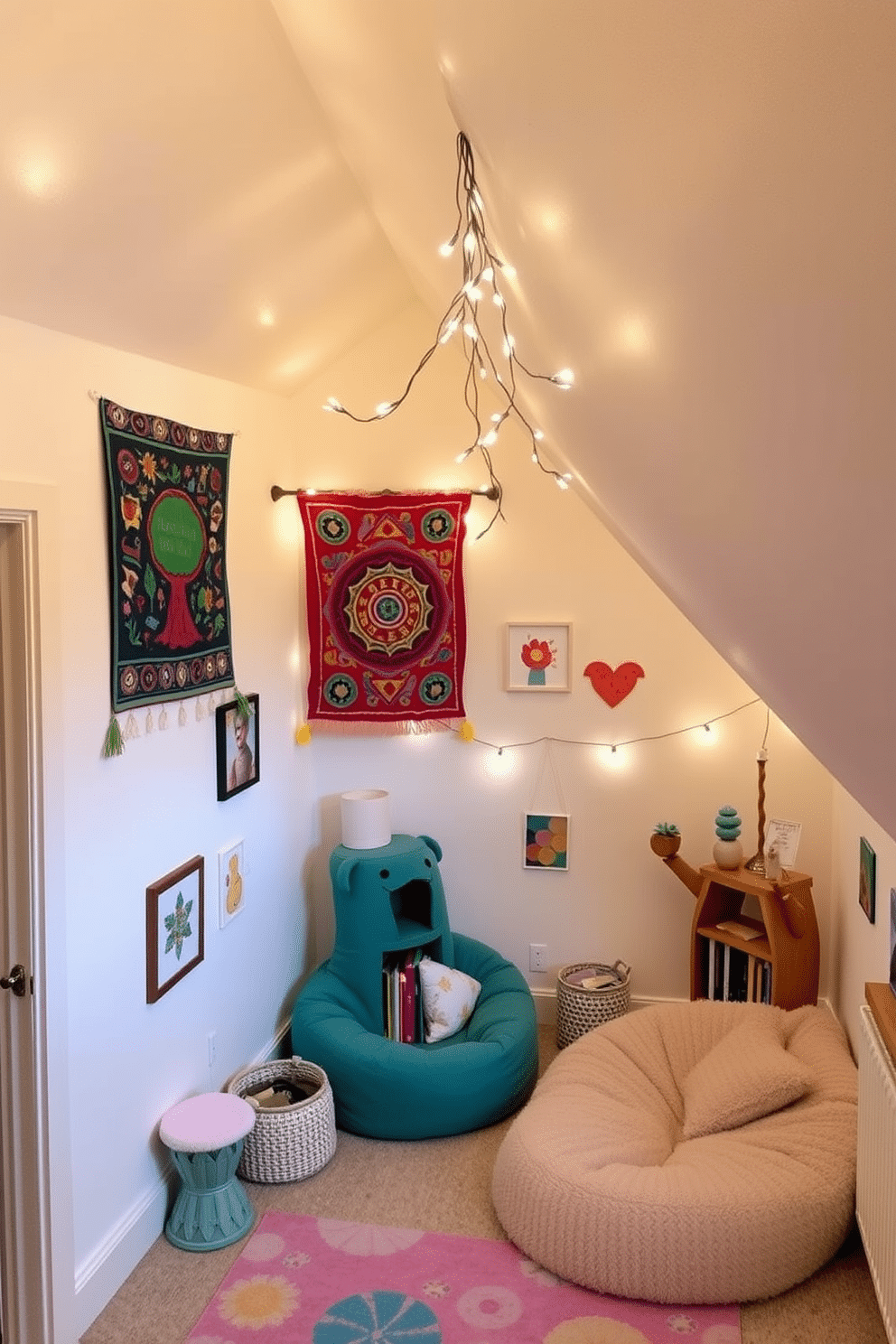 A whimsical attic room filled with playful decor accents. The walls are painted in soft pastel colors, adorned with quirky artwork and colorful tapestries that bring a sense of fun to the space. A cozy reading nook features a plush bean bag chair and a whimsical bookshelf shaped like a tree. Twinkling fairy lights hang from the sloped ceiling, creating a magical atmosphere perfect for relaxation and creativity.