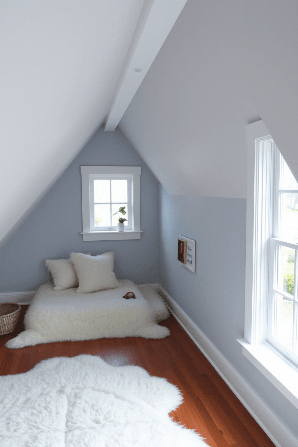 A cozy attic room featuring light gray walls complemented by crisp white trim accents. The space is adorned with a plush, oversized area rug and a comfortable reading nook by the window, creating an inviting atmosphere.