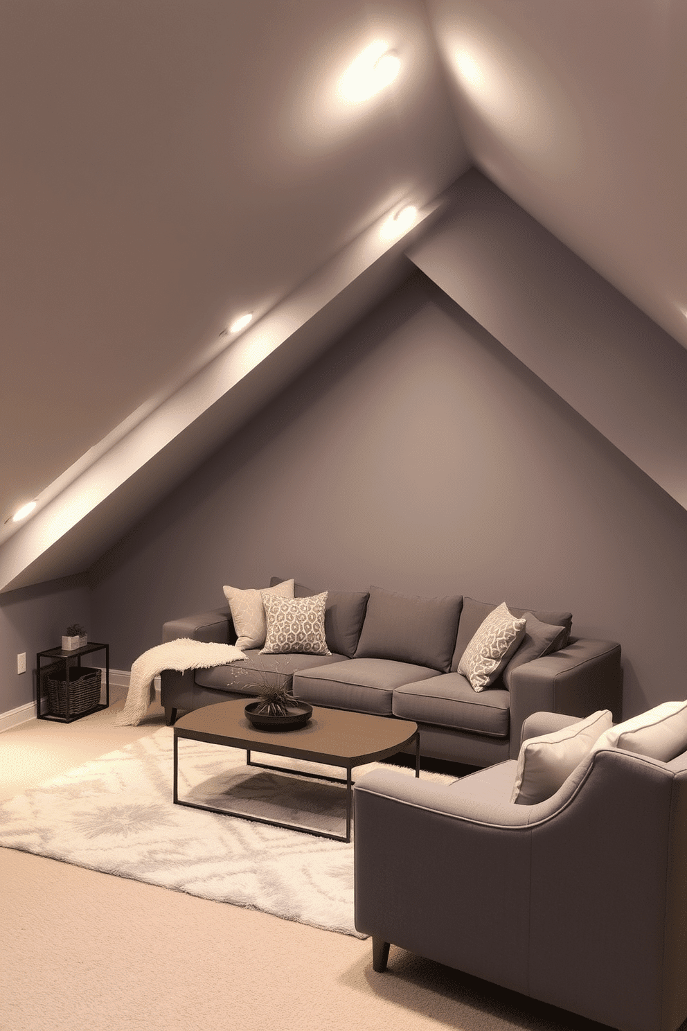 A cozy gray attic room features sloped ceilings adorned with recessed lighting that highlights the architectural details and creates a warm ambiance. The room is furnished with a plush gray sofa, a stylish coffee table, and a soft area rug, inviting relaxation and comfort.