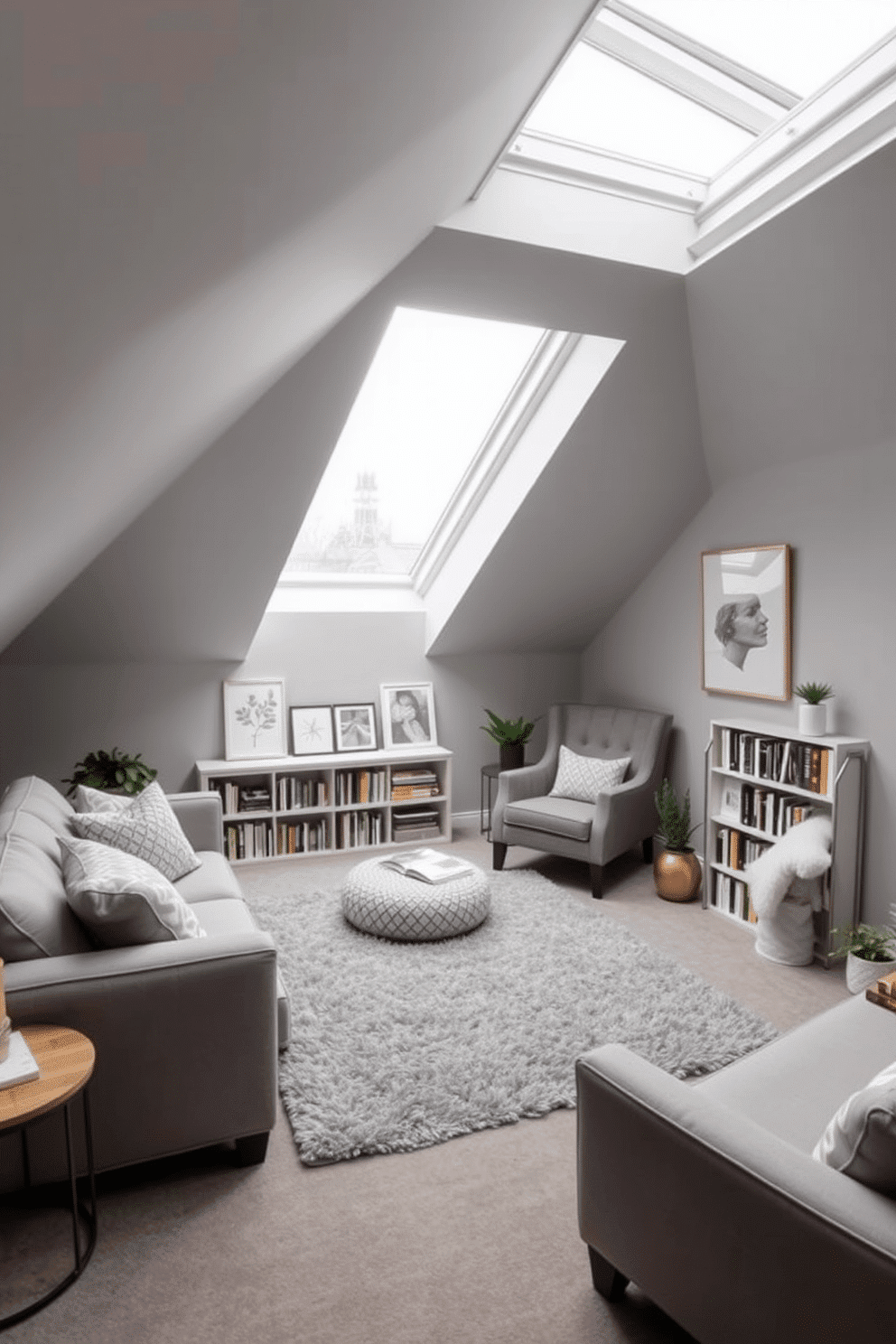 A calming gray attic room designed for relaxation, featuring sloped ceilings and large skylights that let in natural light. The walls are painted in soft gray hues, complemented by a plush gray area rug and cozy seating with accent pillows in lighter shades. In one corner, a reading nook is created with a comfortable armchair and a small bookshelf filled with favorite novels. Decor elements include minimalist artwork and a few indoor plants to enhance the serene atmosphere.