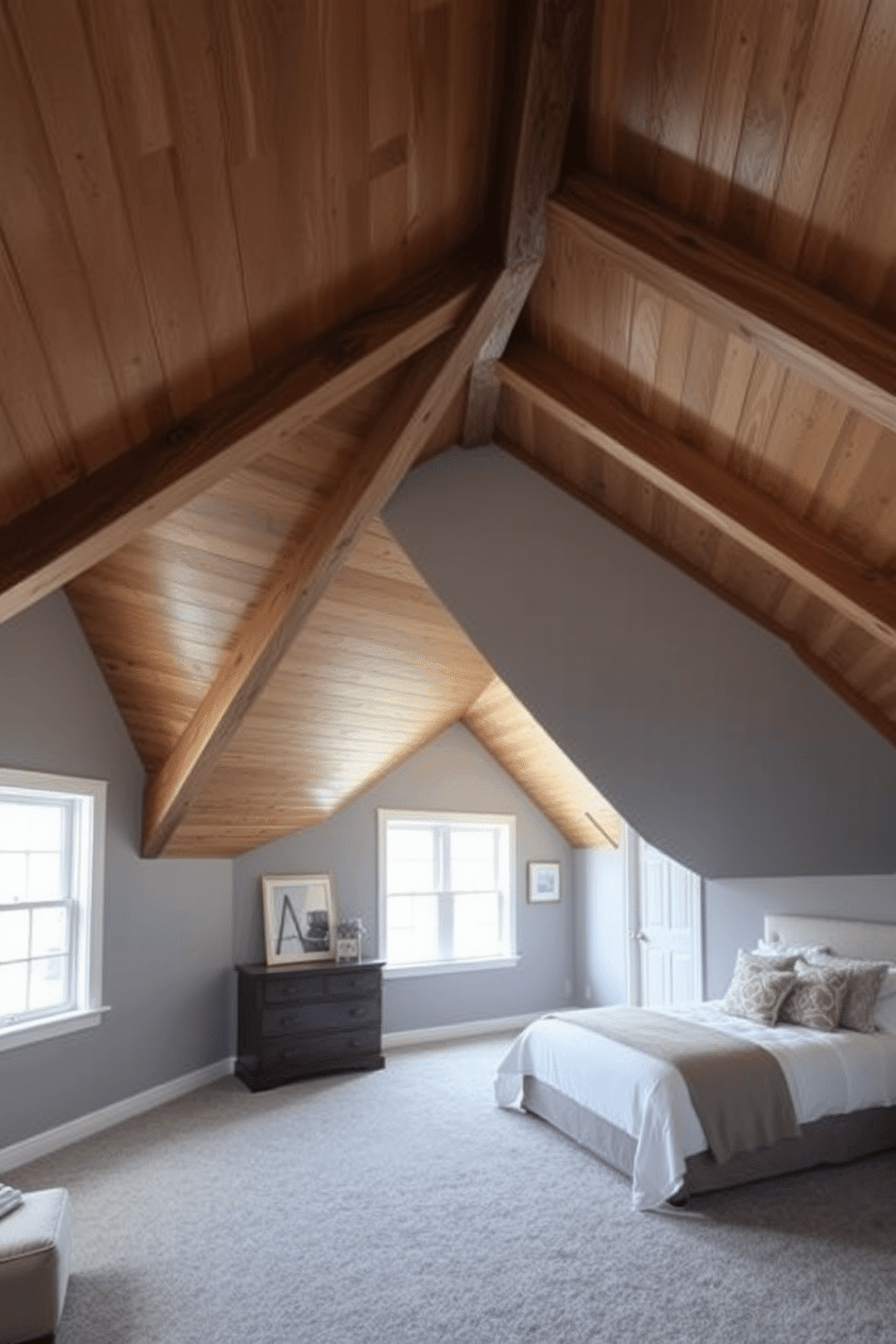 A unique ceiling design features exposed wooden beams that create a striking visual contrast against the soft gray walls. The angles of the ceiling add depth to the space, enhancing the cozy atmosphere of the attic room. Incorporating a plush gray carpet underfoot complements the room's color palette while providing warmth. Large windows allow natural light to flood in, highlighting the architectural details and making the room feel inviting.