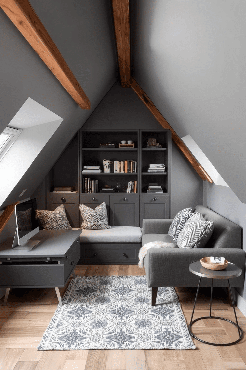 A cozy gray attic room featuring multi-functional furniture that maximizes space. The design includes a sleek, foldable desk that can be tucked away when not in use, paired with a compact sofa bed adorned with textured cushions. The walls are painted in a soft gray hue, complemented by warm wooden beams that add character. A stylish area rug anchors the space, while built-in shelves provide ample storage for books and decorative items.