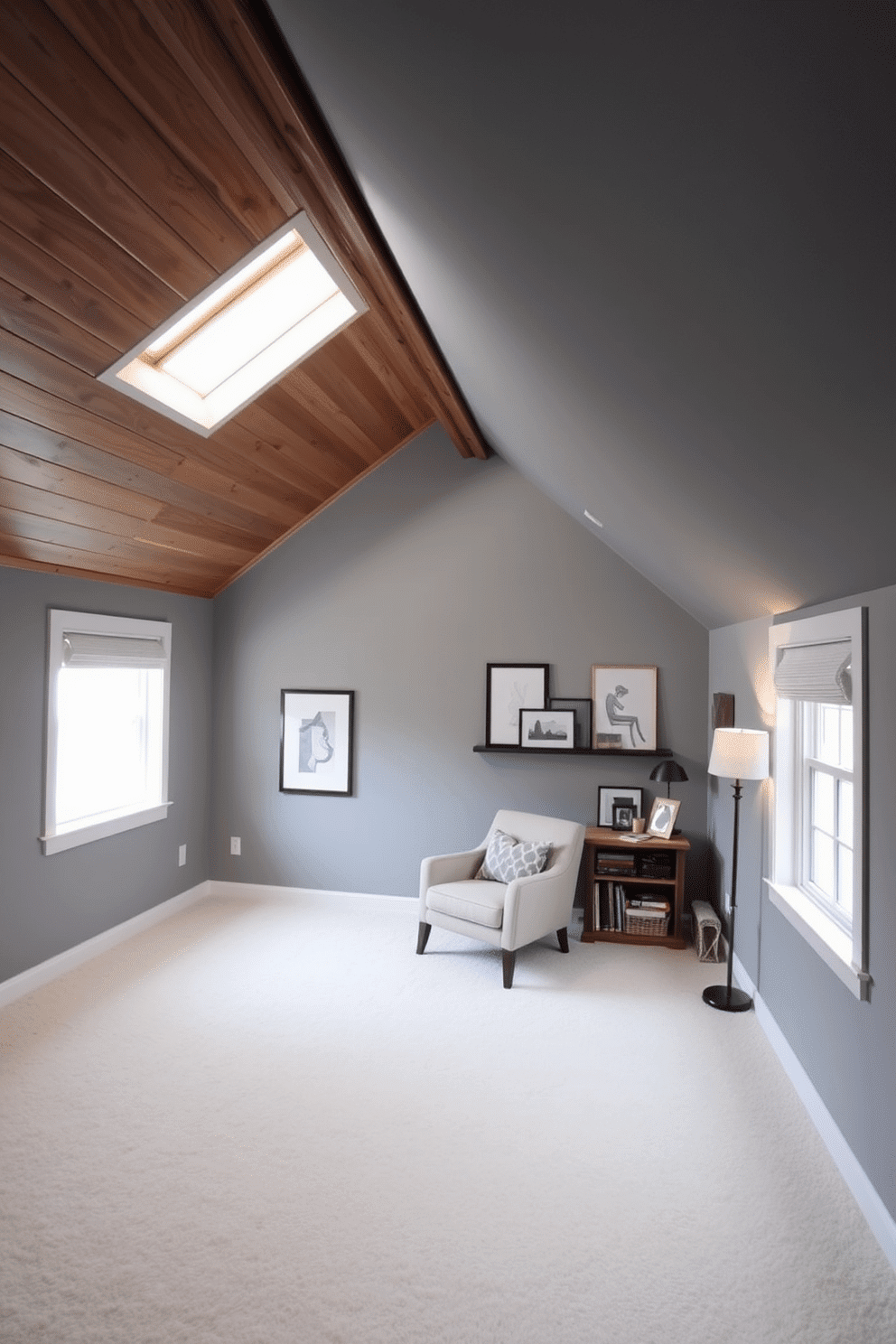 A cozy gray attic room features sloped ceilings adorned with exposed wooden beams. The walls are painted in a soft gray hue, complemented by plush white carpeting and a large, inviting window that lets in natural light. In one corner, a comfortable reading nook is created with a stylish armchair and a small bookshelf filled with personalized artwork. The decor includes unique pieces that reflect the owner's personality, adding character and charm to the space.