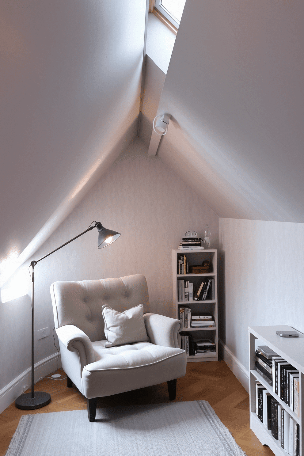 A cozy attic room featuring soft gray wallpaper with subtle patterns that create a serene atmosphere. The space is adorned with a plush, oversized armchair in a complementary shade, positioned near a small reading nook illuminated by a vintage floor lamp. Natural light filters in through a skylight, highlighting a rustic wooden beam that adds character to the room. A chic area rug in muted tones anchors the space, while a minimalist bookshelf displays an array of curated books and decorative objects.