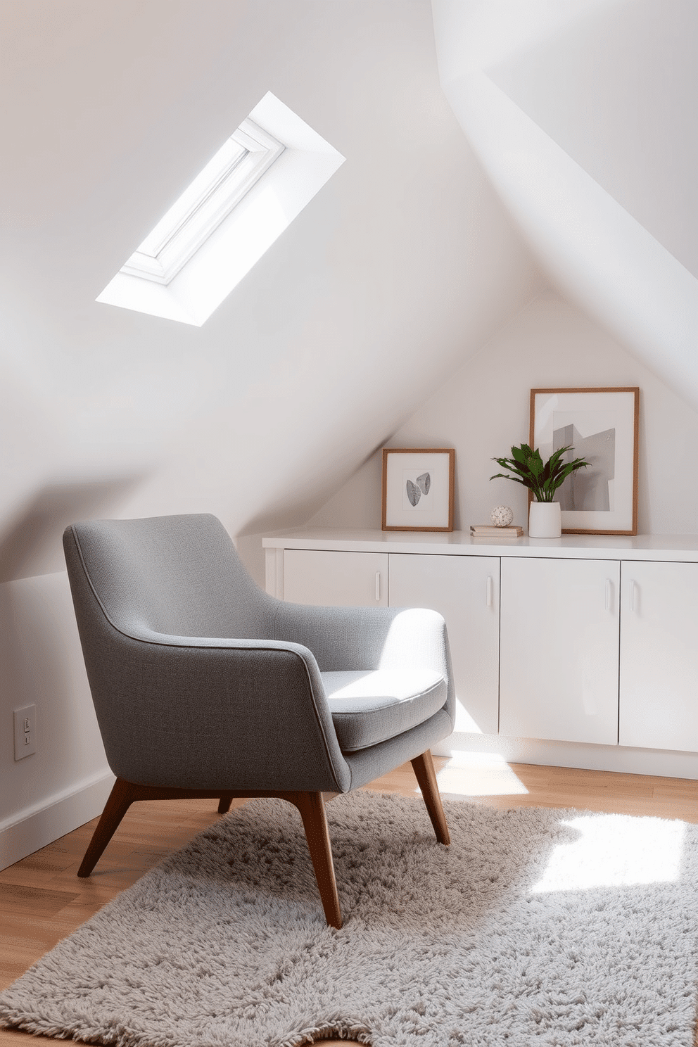 A stylish gray armchair is positioned in a cozy corner of the attic, featuring soft upholstery and sleek wooden legs. Natural light pours in through a small window, highlighting the chair's elegant silhouette and inviting a sense of relaxation. The attic room is designed with a modern aesthetic, showcasing sloped ceilings painted in a soft white. Complementing the gray armchair, the walls are adorned with minimalist artwork, and a plush area rug anchors the space, creating a warm and inviting atmosphere.