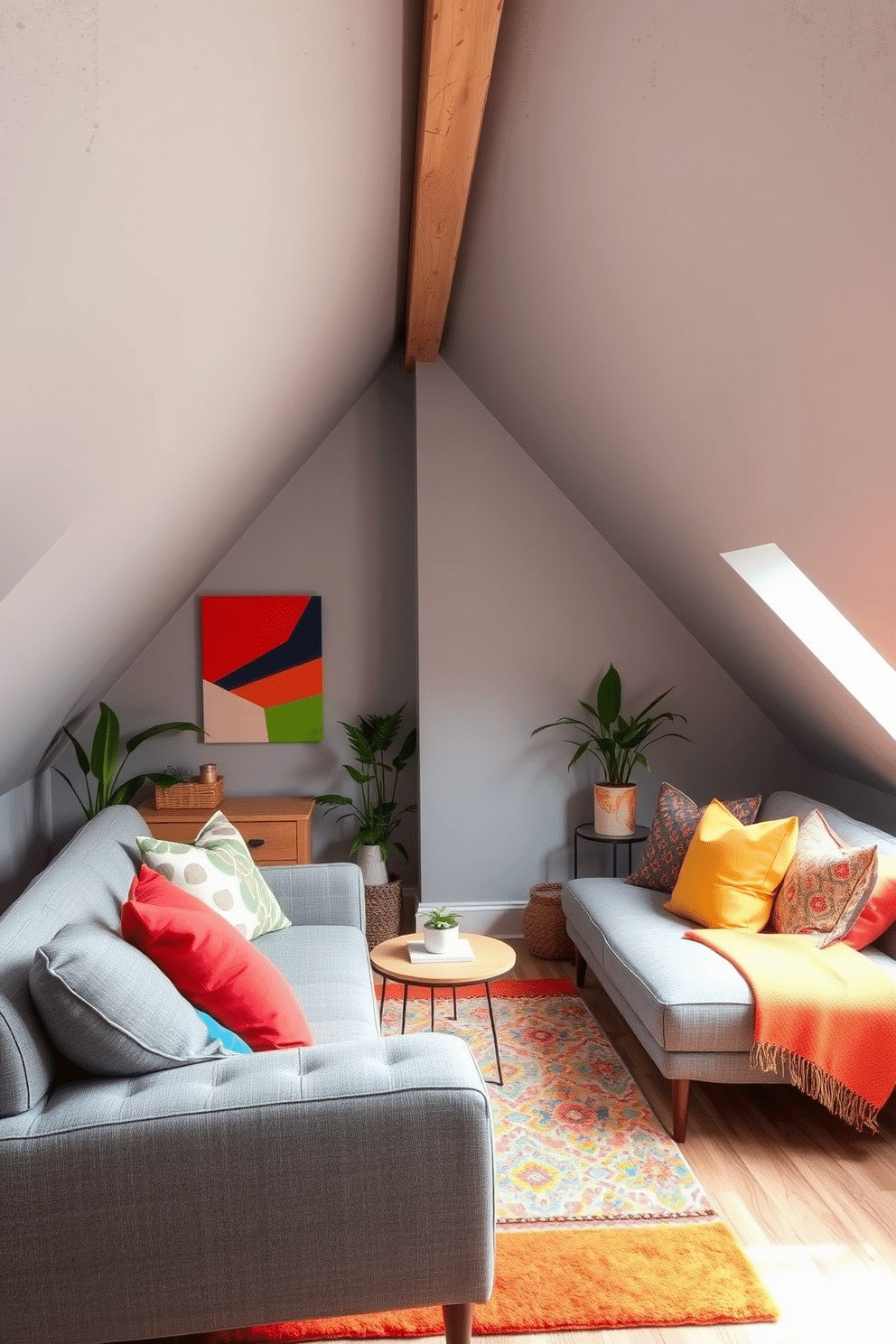 A cozy gray attic room with sloped ceilings and exposed wooden beams. Colorful accents such as vibrant throw pillows and a bright area rug add a playful touch to the neutral palette. A comfortable seating area features a plush gray sofa and a small coffee table. Wall art with bold colors and patterns creates visual interest, while a few potted plants bring life to the space.