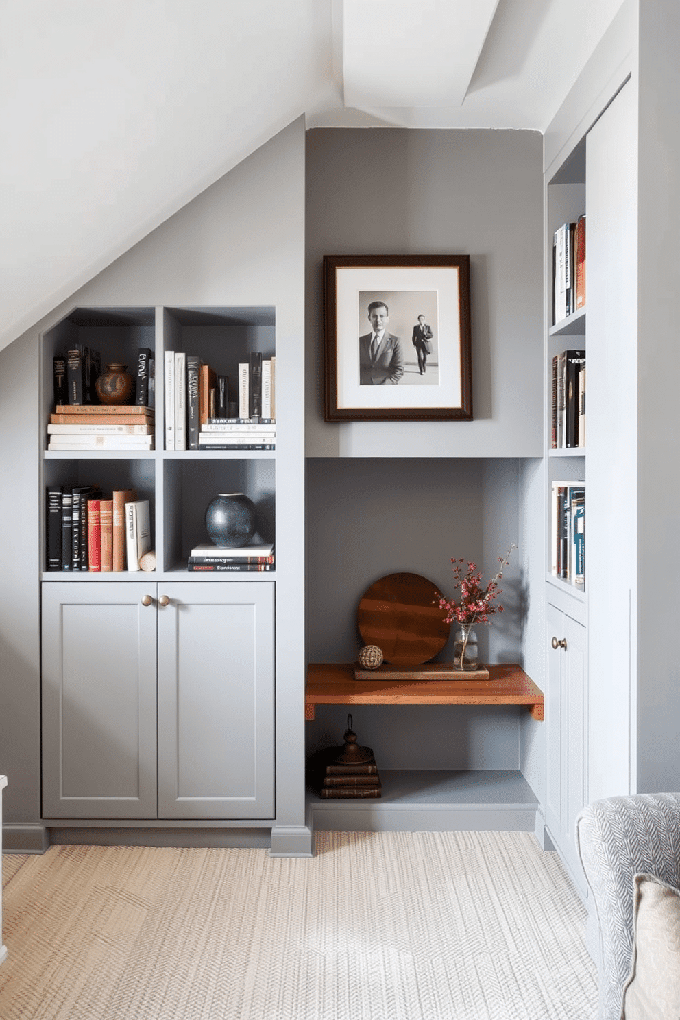 A cozy gray attic room features built-in shelves that elegantly display a curated collection of books and decorative items. The soft gray walls create a serene backdrop, while warm wooden accents add a touch of warmth and character to the space.