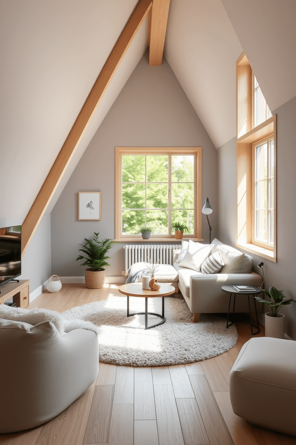 A serene Scandinavian attic room featuring minimalist furniture. The space is adorned with light wood accents, a cozy neutral-toned sofa, and a small, round coffee table. Large windows allow natural light to flood the room, highlighting the soft gray walls and exposed wooden beams. A plush area rug anchors the seating area, while a few potted plants add a touch of greenery.