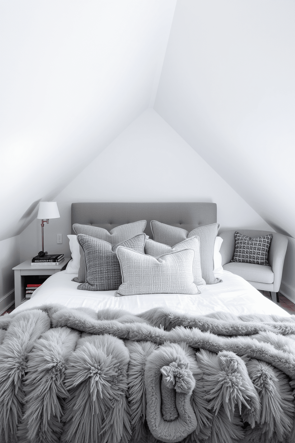 A chic gray attic room featuring a plush bed adorned with textured pillows in varying shades of gray. The sloped ceiling is painted white, creating a bright and airy atmosphere, while a cozy reading nook with a soft armchair and a small bookshelf adds functionality.