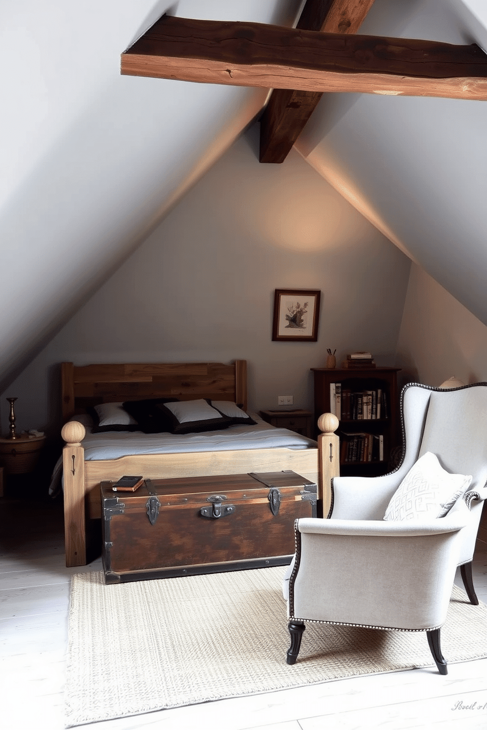 A cozy gray attic room featuring vintage furniture that adds a rustic touch. The space includes a reclaimed wood bed frame, an antique trunk at the foot of the bed, and a vintage armchair in the corner, all accented by soft, warm lighting. The walls are painted in a soft gray hue, complemented by exposed wooden beams that enhance the rustic charm. A woven rug lies on the floor, and a small bookshelf filled with classic novels adds character to the room.