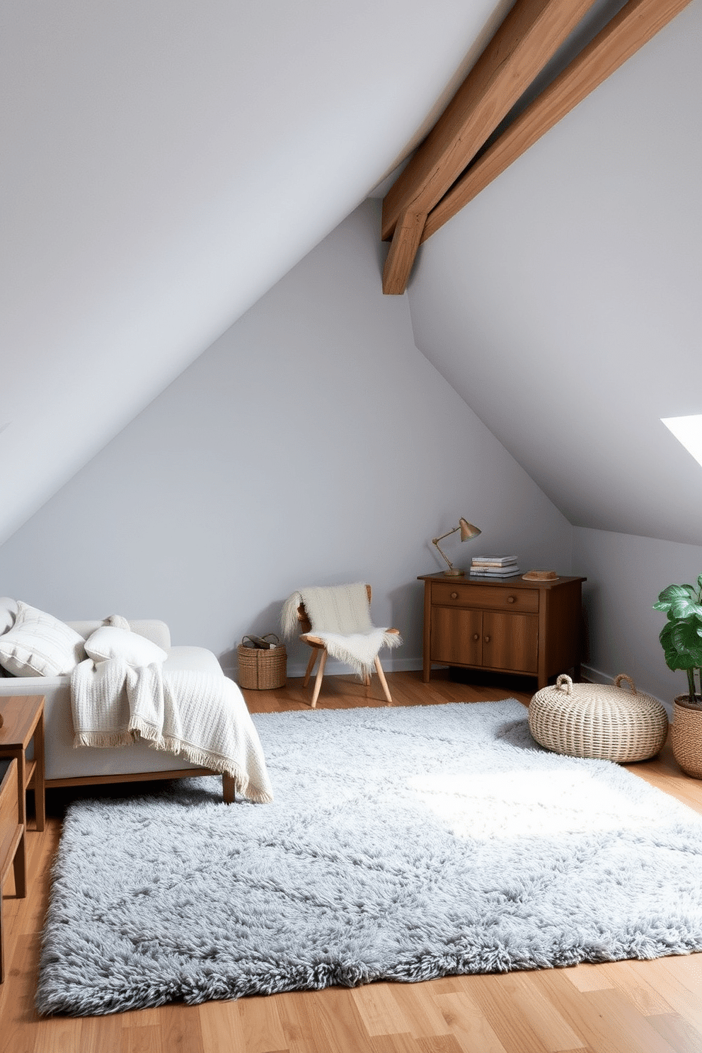 A cozy gray attic room featuring a soft gray area rug that enhances the comfort of the space. The walls are painted in a light, airy shade, with exposed wooden beams adding character and warmth.