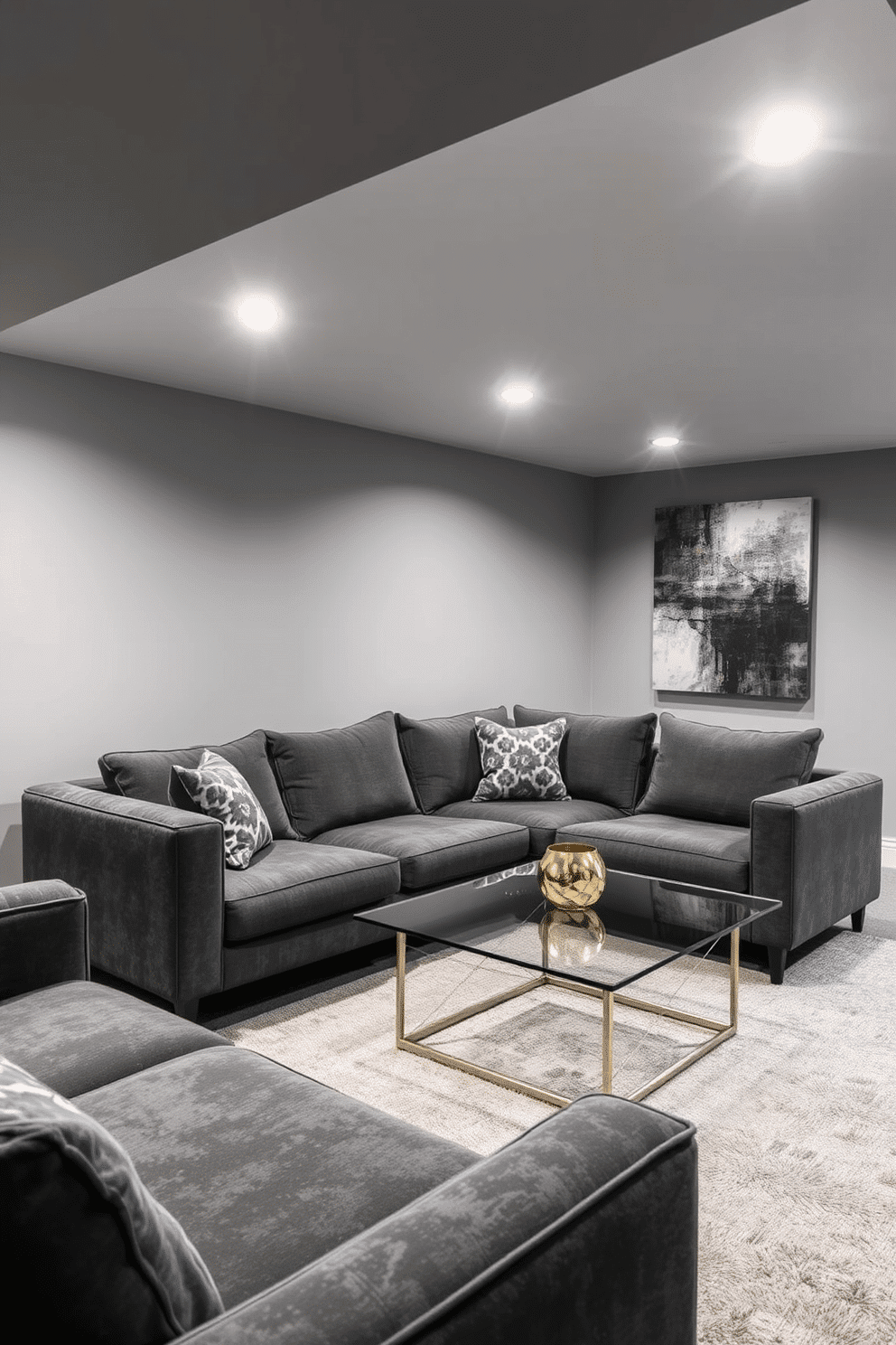 A sleek gray basement design featuring modern furniture with metallic accents creates a sophisticated and inviting atmosphere. The space is illuminated by recessed lighting, highlighting the clean lines of the furniture and the textures of the decor. Incorporate a plush gray sectional sofa paired with a glass coffee table that has metallic legs, creating a focal point for relaxation. The walls are adorned with abstract art in complementary shades, enhancing the contemporary feel of the basement.