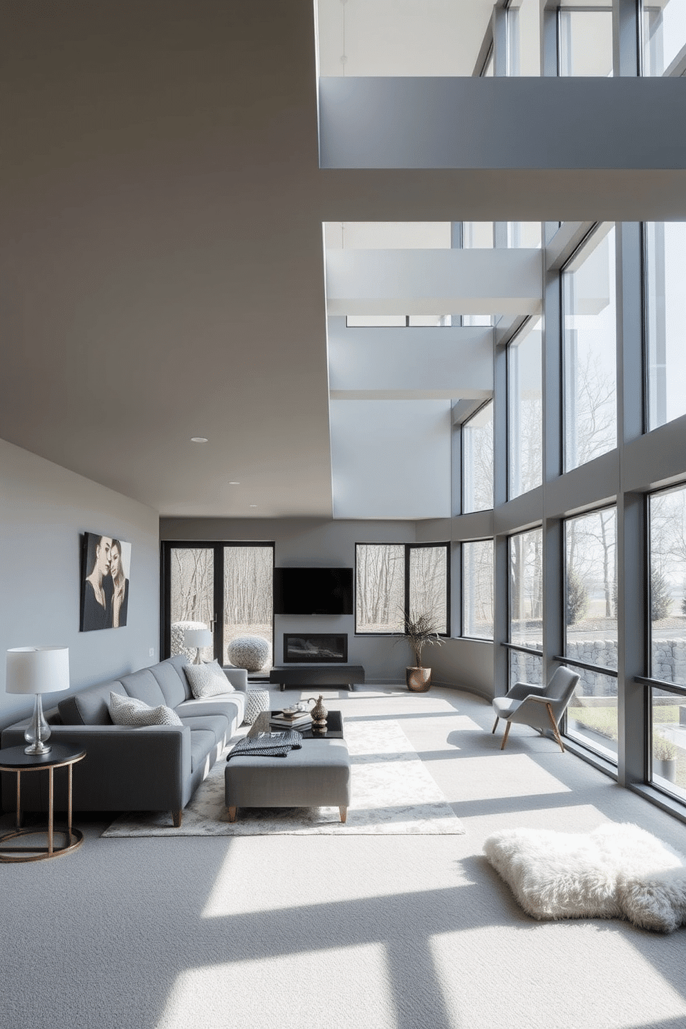 A modern basement design featuring floor-to-ceiling windows that flood the space with natural light. The walls are painted in a soft gray tone, complemented by sleek, minimalist furniture and plush area rugs for added warmth.