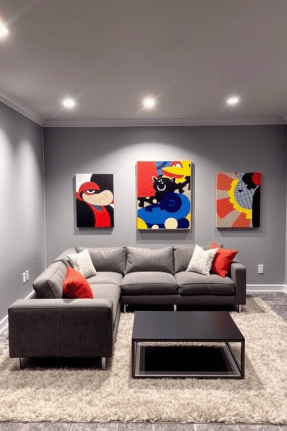 A stunning gray basement design featuring walls painted in a soft gray tone, creating a serene backdrop for vibrant artwork. The artwork showcases bold colors, including reds, blues, and yellows, adding a dynamic contrast to the muted surroundings. The space is illuminated by recessed lighting that highlights the artwork while maintaining a cozy atmosphere. A plush area rug in a neutral shade anchors the seating area, which includes a modern sectional sofa and a sleek coffee table.