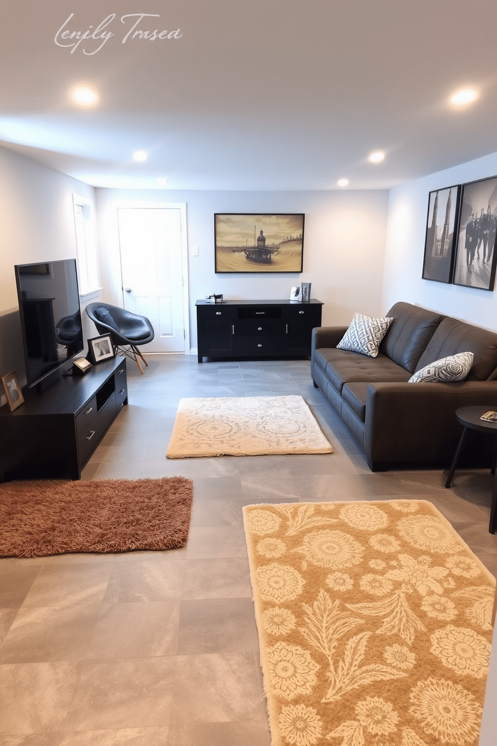 A stylish basement retreat featuring gray tile flooring complemented by plush area rugs in warm tones. The space is designed for relaxation, with a cozy sectional sofa and a sleek entertainment unit against the wall.