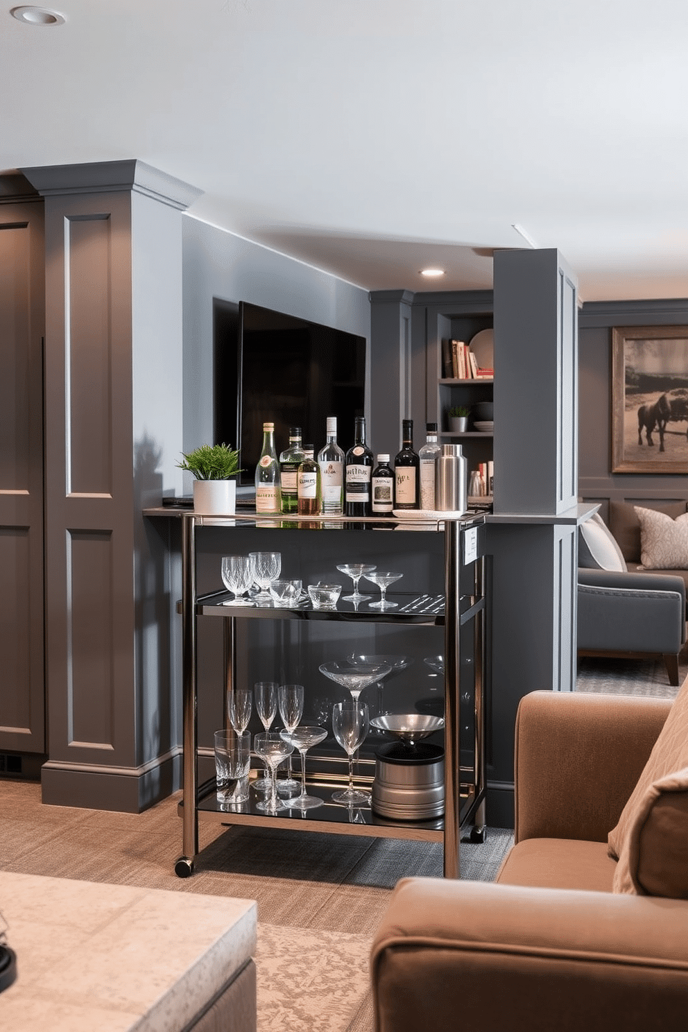 A stylish bar cart features sleek gray finishes, elegantly displaying an array of premium spirits and glassware. The cart is adorned with decorative accents, including a small potted plant and a chic cocktail shaker, creating a sophisticated focal point in the room. The gray basement is designed to maximize space and functionality, featuring modern furniture and ambient lighting. Plush seating options and a contemporary coffee table create an inviting atmosphere, perfect for entertaining guests or relaxing with family.