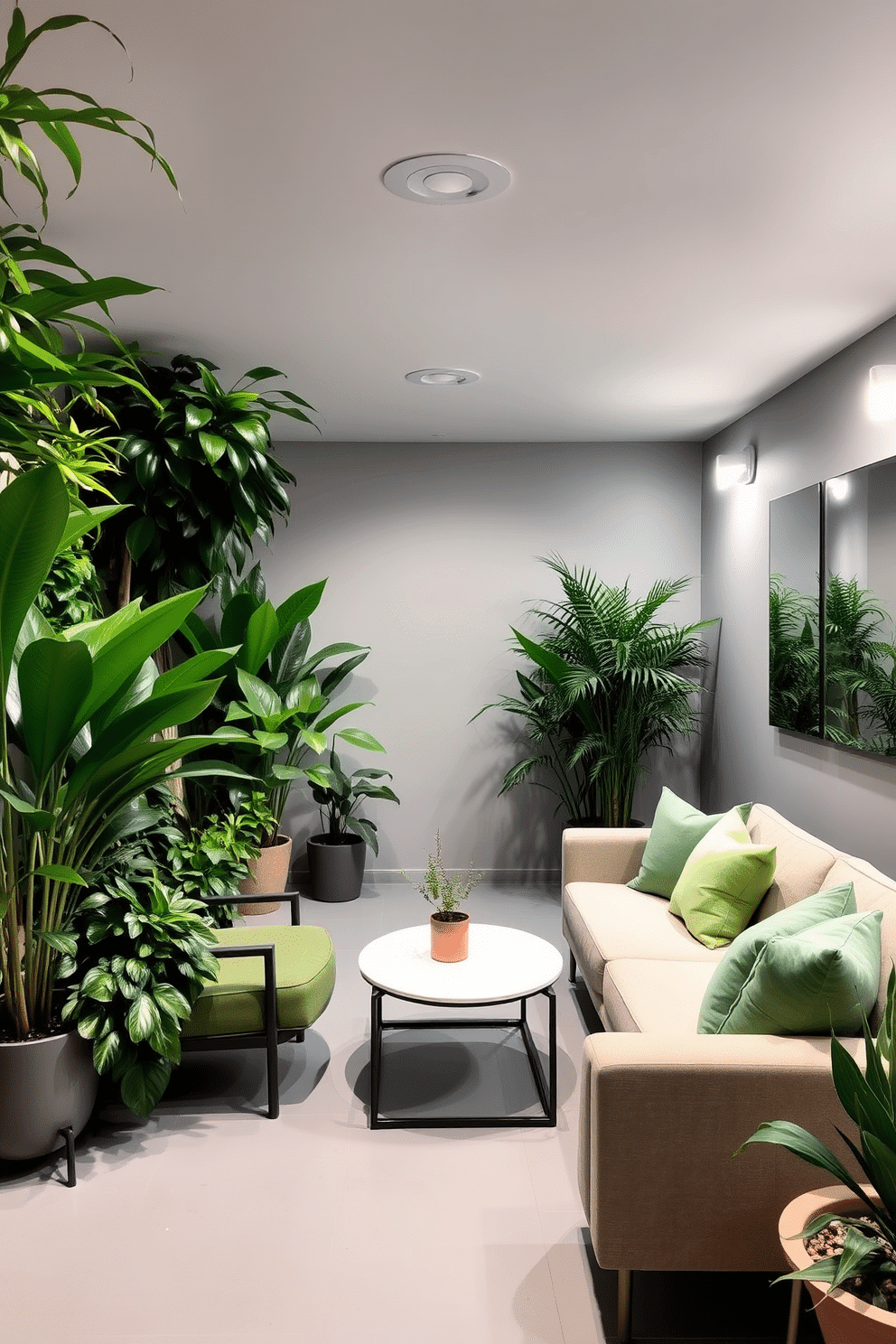 Lush greenery fills the gray basement, with vibrant potted plants strategically placed to enhance the space's natural light. The walls are painted in a soft gray, creating a serene backdrop for the rich greens of the foliage. Cozy seating areas are arranged around a modern coffee table, featuring plush cushions in complementary shades. Ambient lighting fixtures cast a warm glow, inviting relaxation amidst the sophisticated gray tones.