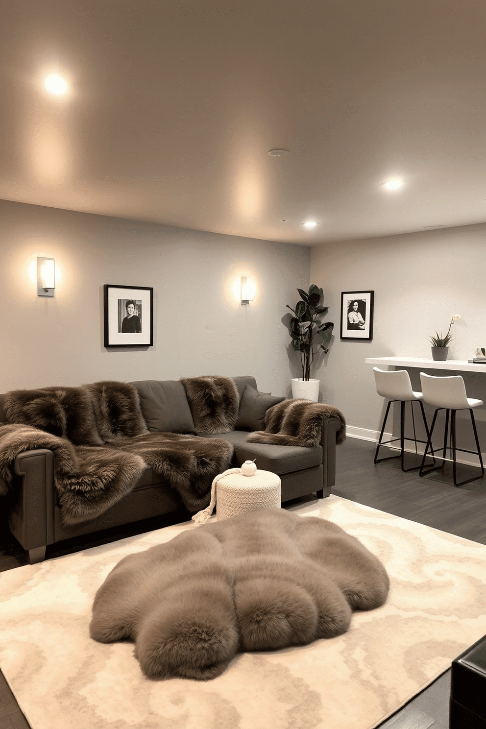 A cozy gray basement retreat featuring plush faux fur throws draped over a modern sectional sofa. The walls are painted in a soft gray hue, complemented by warm lighting fixtures that create an inviting atmosphere. In one corner, a sleek bar area showcases stylish stools and a minimalist design, while a large area rug anchors the space. Decorative accents include framed artwork and potted plants, adding a touch of personality to the overall design.