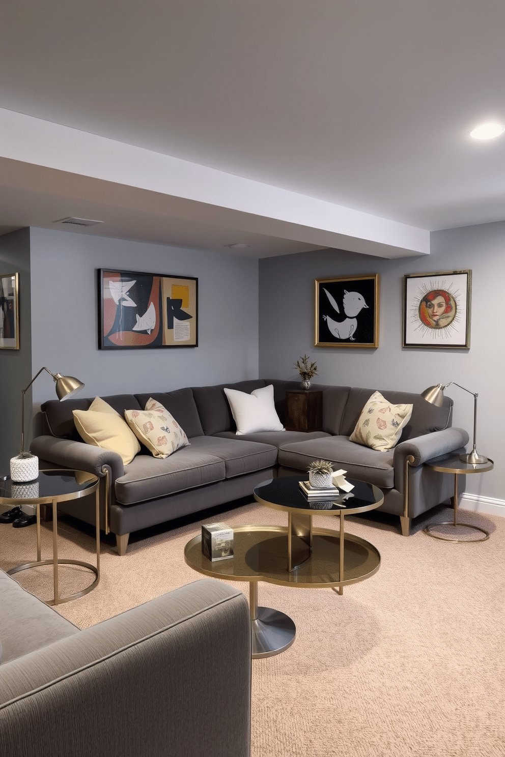 A stylish gray basement featuring vintage furniture with modern accents. The space includes a plush gray sofa paired with sleek metallic side tables, creating a harmonious blend of old and new. The walls are adorned with contemporary artwork, while a retro coffee table adds character to the room. Soft lighting from strategically placed fixtures enhances the cozy atmosphere, making it an inviting retreat.