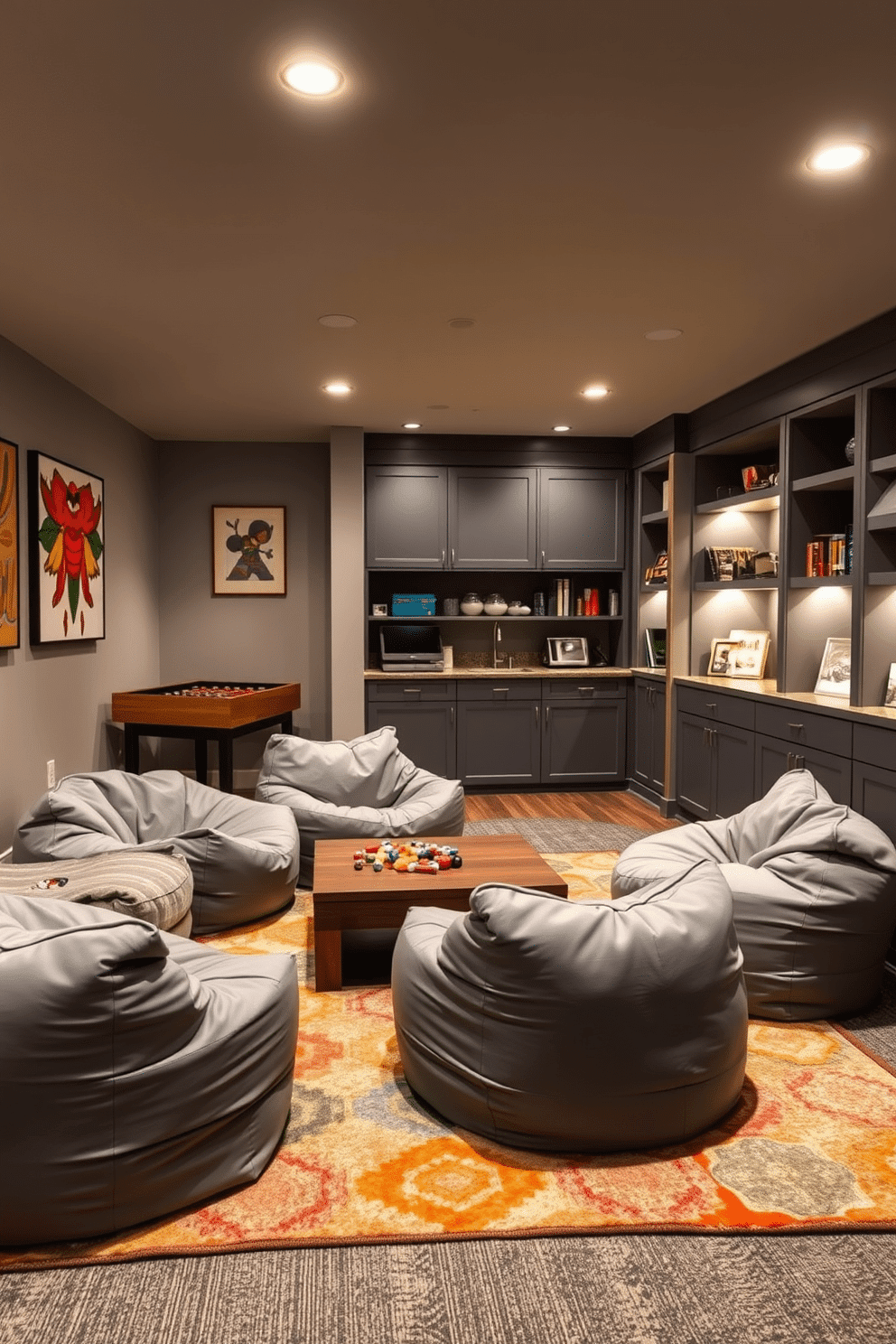 A playful game area featuring cozy gray bean bags scattered around a low, modern coffee table. The walls are adorned with vibrant artwork, and a soft, colorful rug anchors the space, inviting fun and relaxation. In the gray basement, sleek built-in shelving displays games and books, while ambient lighting creates a warm, inviting atmosphere. A small kitchenette in the corner offers refreshments, making it the perfect spot for entertaining friends and family.