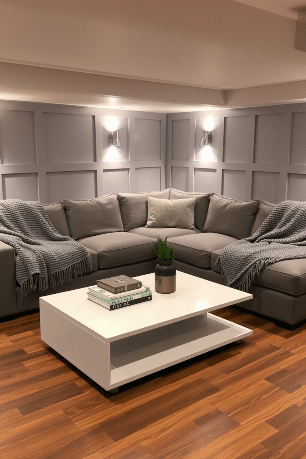 A cozy basement retreat featuring textured gray throws draped over a plush sectional sofa, inviting relaxation and warmth. The walls are adorned with soft gray paneling, while the floor showcases a rich wooden finish, creating a balanced and inviting atmosphere. Strategically placed ambient lighting highlights the space, casting a warm glow over the area. A sleek coffee table sits in the center, adorned with decorative books and a small potted plant, adding a touch of greenery to the design.