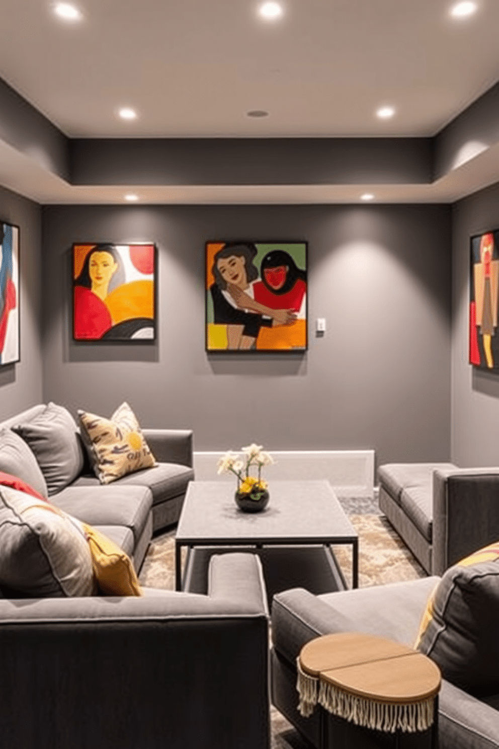 A stylish gray basement featuring a neutral gray palette complemented by colorful abstract art pieces adorning the walls. The space includes a cozy seating area with plush gray sofas, accented by vibrant throw pillows, and a sleek coffee table at the center.