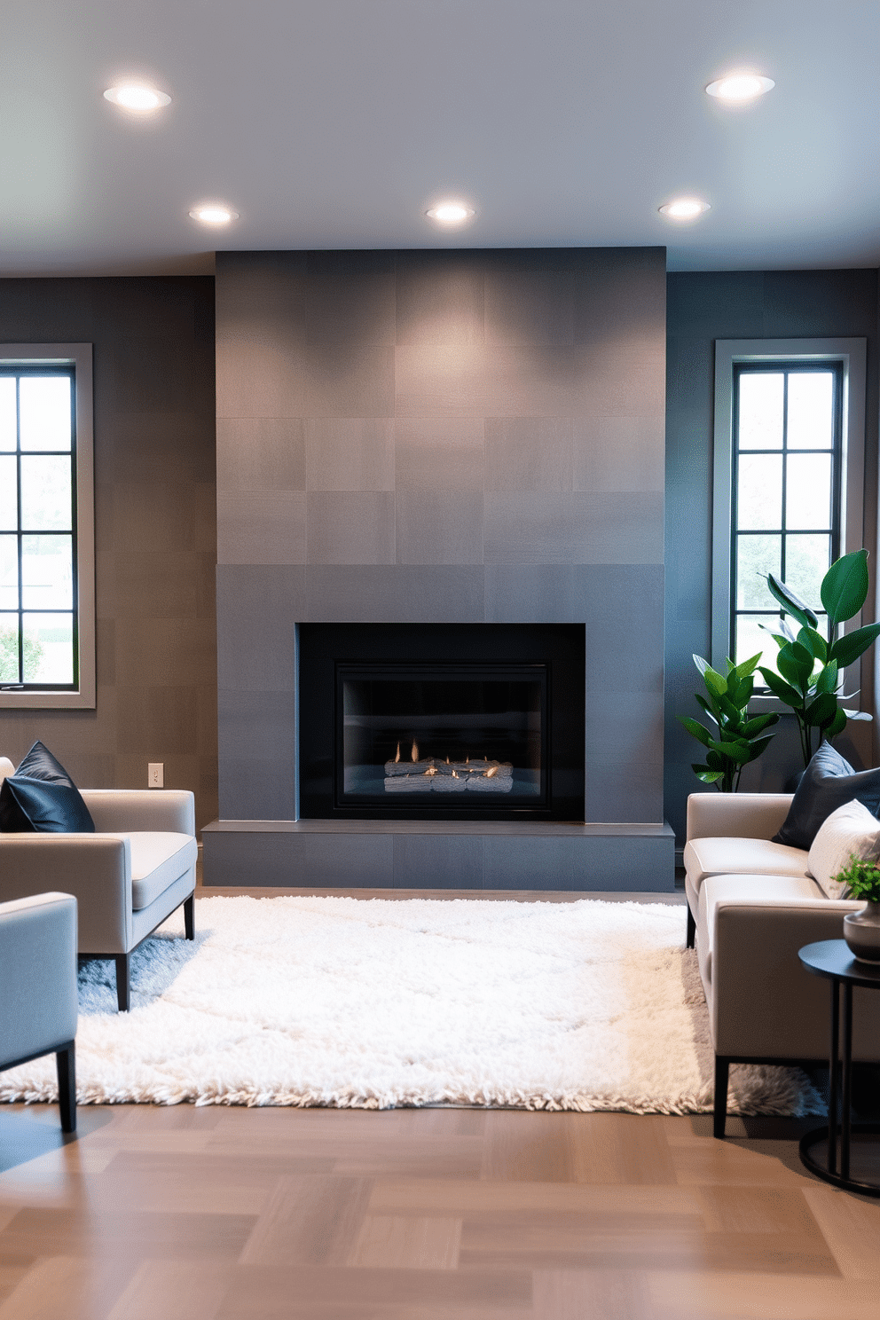 Elegant gray fireplace with a sleek, contemporary surround, set against a backdrop of textured gray walls. The space features a plush area rug in soft neutrals, with stylish seating arranged to create an inviting conversation area. The basement design includes recessed lighting that highlights the fireplace, adding warmth to the modern aesthetic. Large windows provide natural light, complementing the gray color palette with touches of greenery from potted plants.