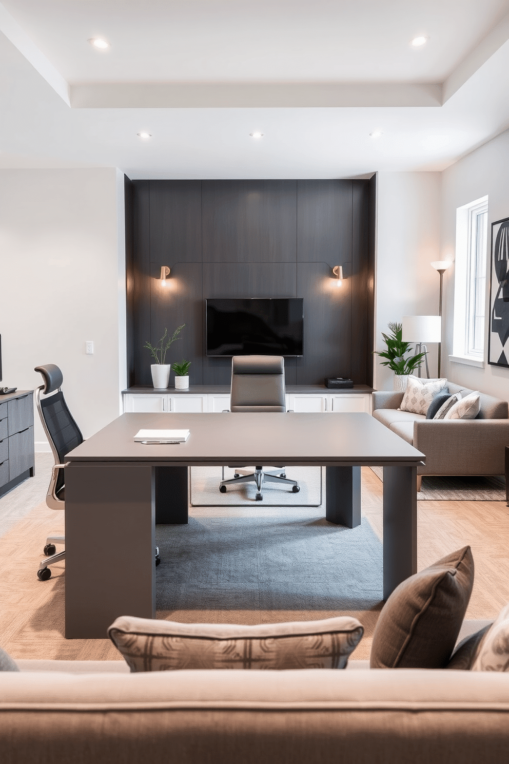 A sleek gray desk occupies the center of a modern home office, complemented by a comfortable ergonomic chair. The walls are painted in a soft white, enhancing the bright ambiance, while a large window allows natural light to flood the space. In the gray basement, a cozy lounge area features plush seating arranged around a stylish coffee table. The walls are adorned with contemporary artwork, and warm lighting fixtures create an inviting atmosphere perfect for relaxation or entertainment.