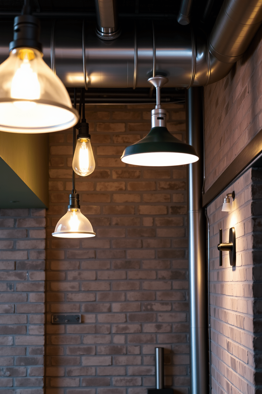 A contemporary gray basement features industrial-style lighting fixtures that create a warm and inviting ambiance. The exposed brick walls are complemented by sleek metal accents, while pendant lights hang from the ceiling, casting a soft glow over the space.